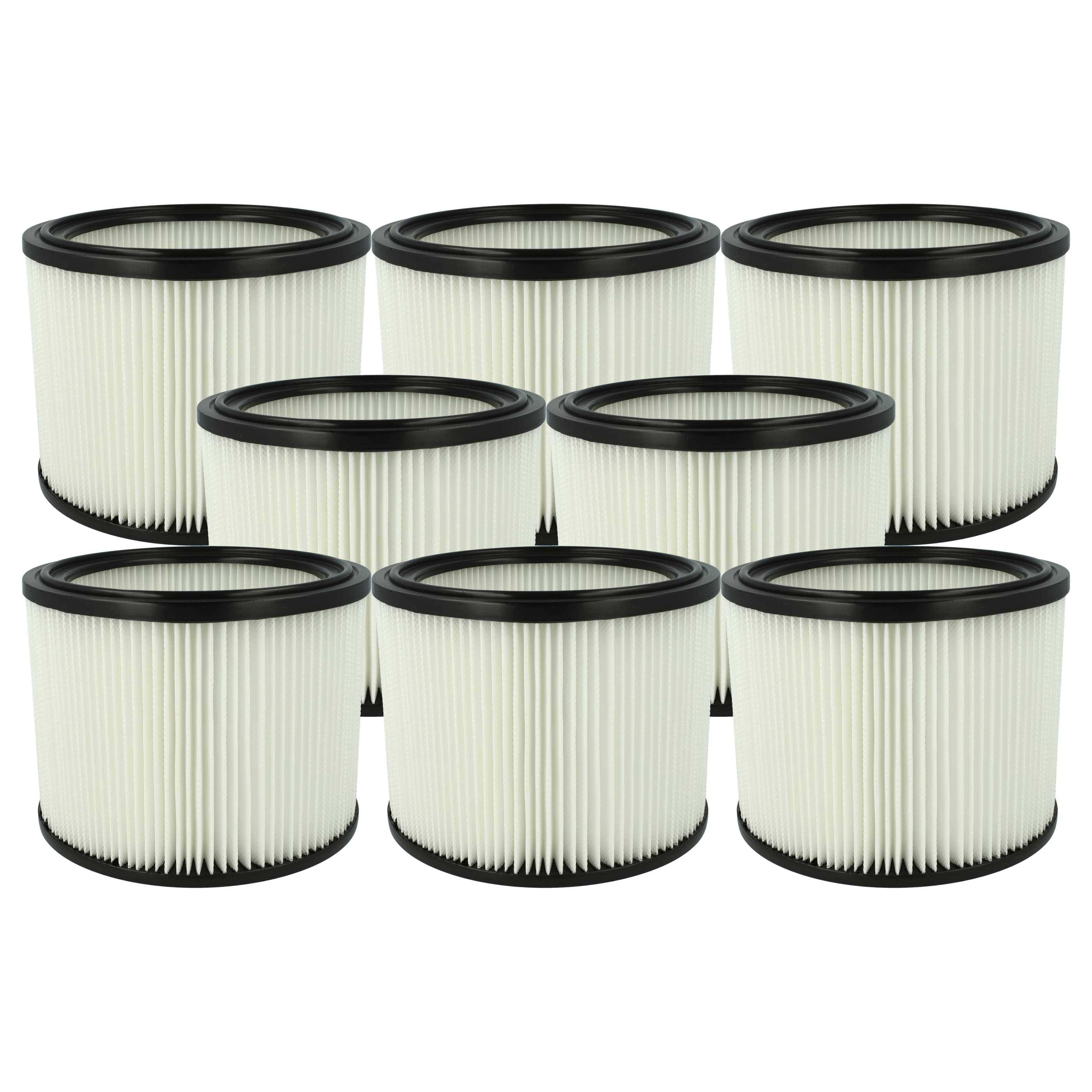 Sieben identische zylindrische Luftfilter mit gefalteten weißen Oberflächen und schwarzen Kanten werden vor einem weißen Hintergrund präsentiert.