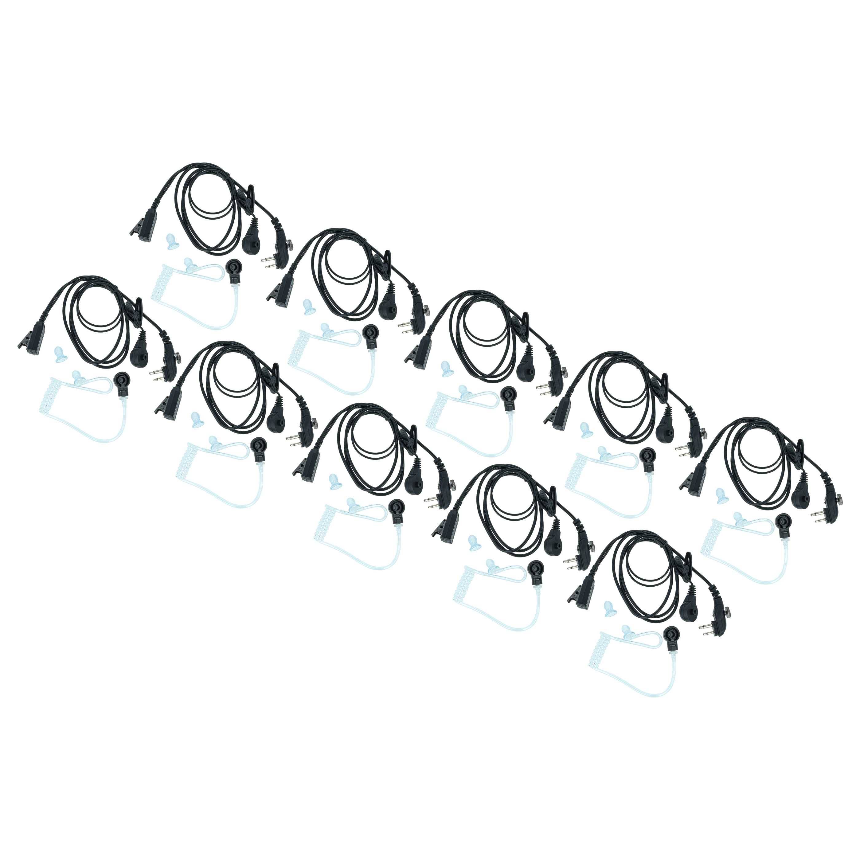 Zehn Sätze schwarzer Kopfhörer mit angebrachten Kabeln, jeweils mit einer Ohrschlaufe ausgestattet, in zwei Reihen auf weißem Hintergrund angeordnet.