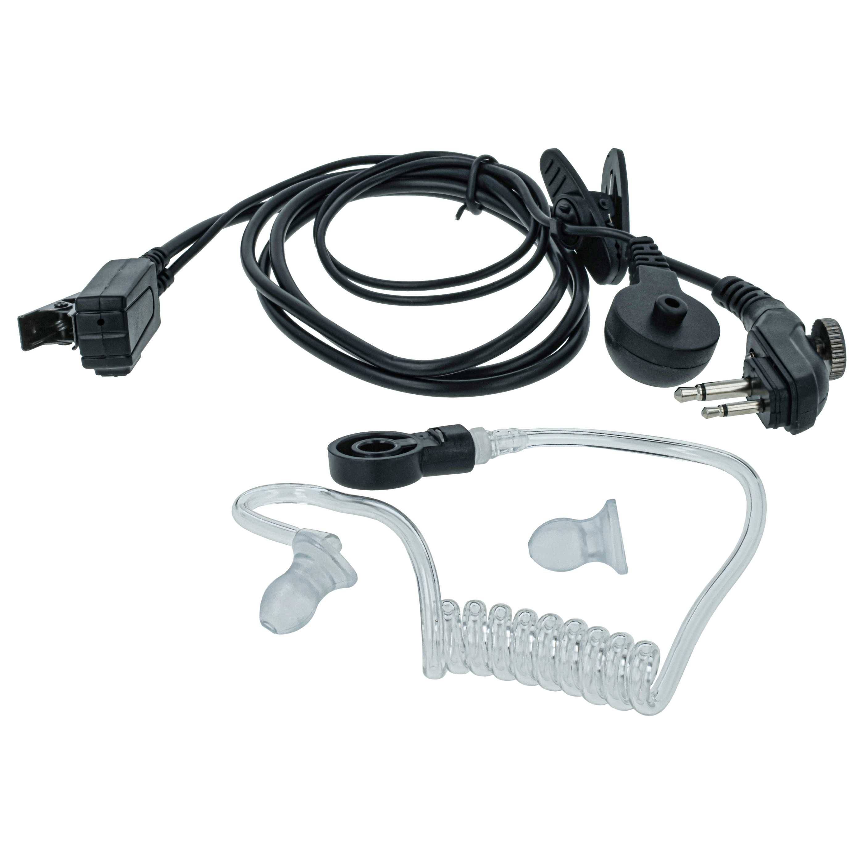 Ohrhörer-Headset mit spiralförmigem Schallschlauch, Ansteckclip und zweipoliger Steckverbindung. Entwickelt für diskrete Kommunikation in professionellen Umgebungen.