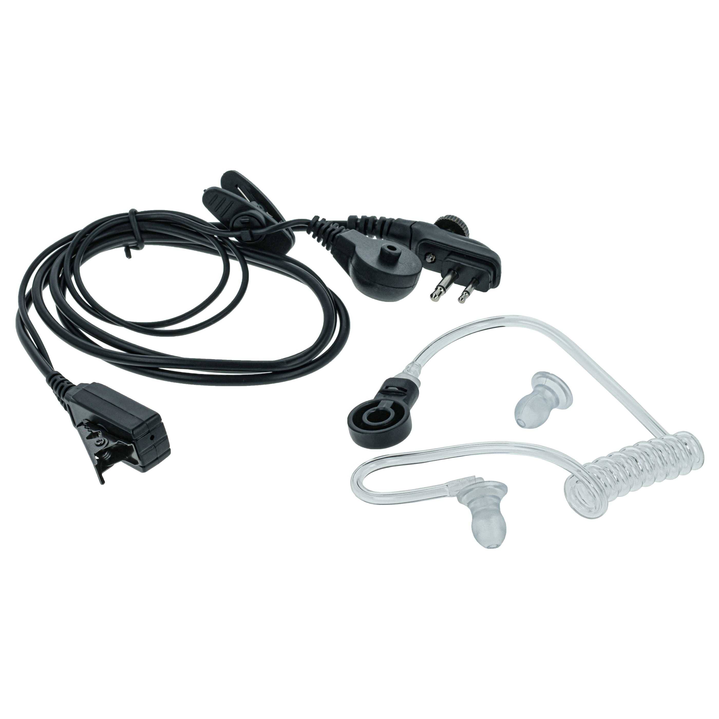 Ein Ohrhörer-Set mit gewundenem Akustikschlauch und Verbindungskabeln, das häufig für diskrete Kommunikation in Sicherheits- oder Überwachungsanwendungen verwendet wird.