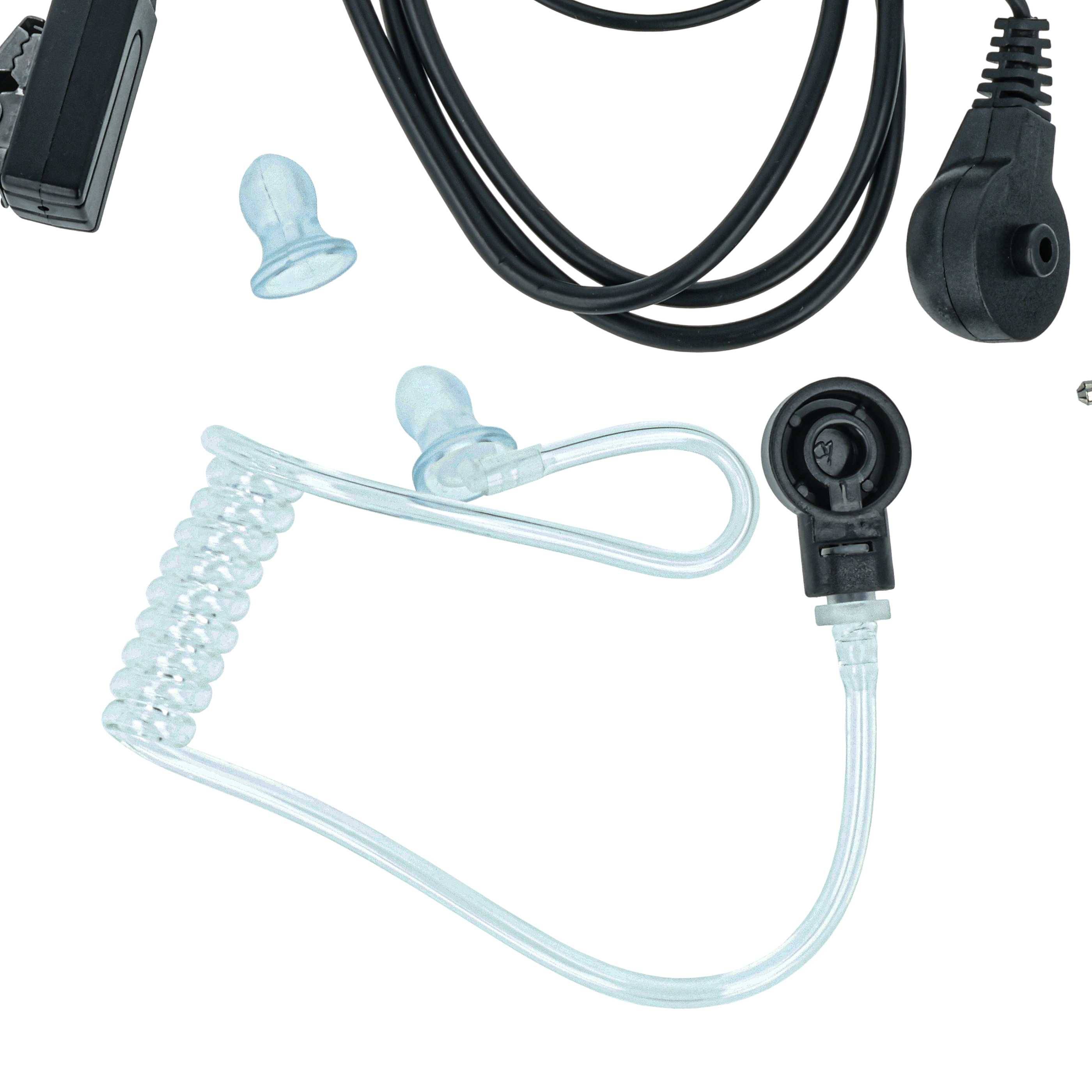 Kopfhörer-Set mit spiralförmiger akustischer Röhre, austauschbaren Silikon-Ohrstöpseln und Audio-Kabeln, verwendet für diskrete Funkommunikation.