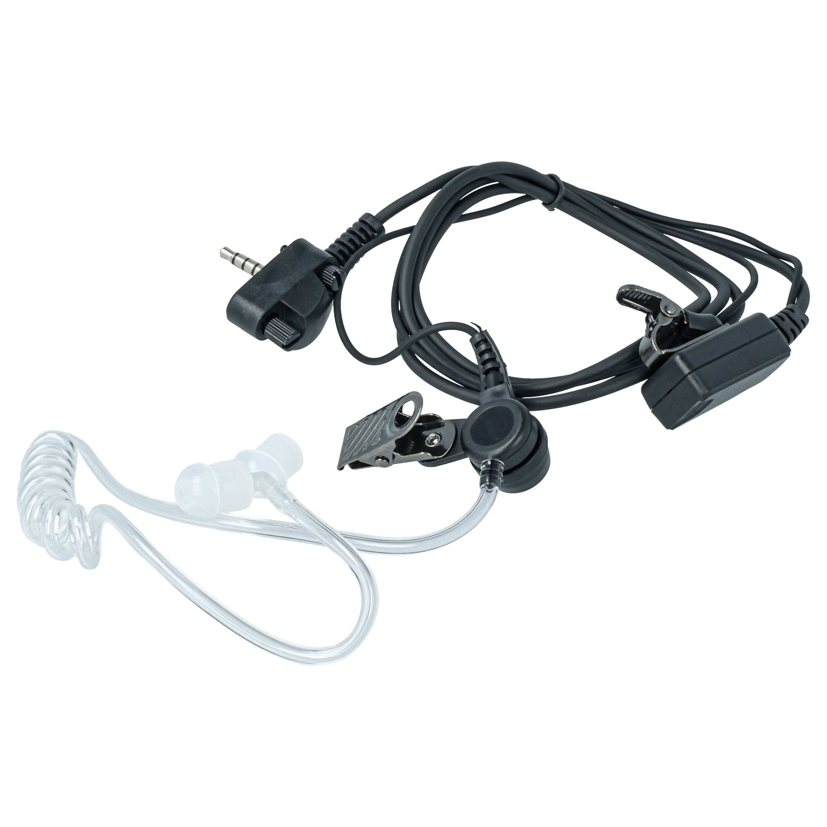 Ohrhörer mit transparentem Schallschlauch, Clip und schwarzer Verkabelung, konstruiert für diskrete Kommunikation, typischerweise mit Funkgeräten verwendet.