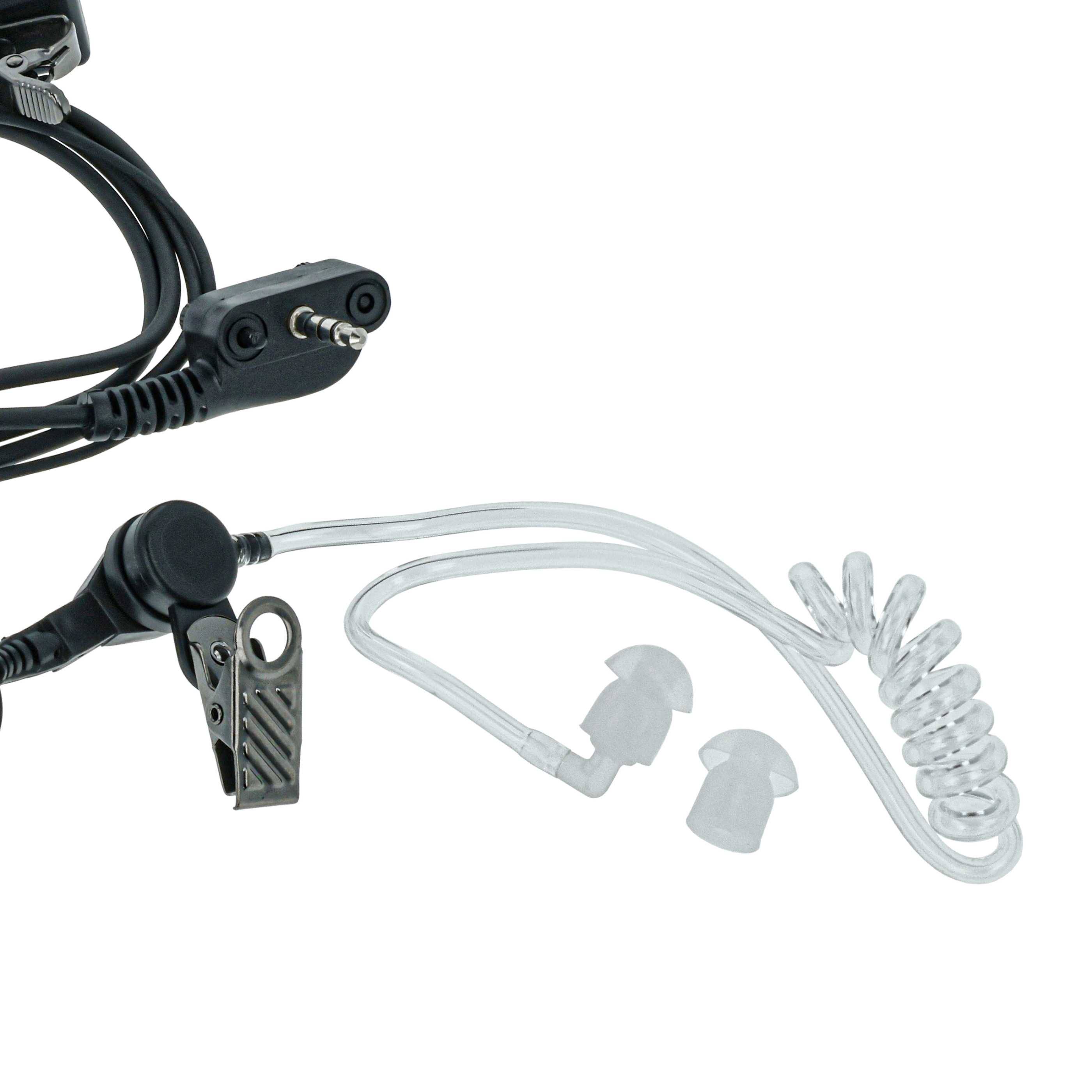 Ein Kopfhörer-Headset mit gewundenem akustischem Schlauch und anklemmbarem Mikrofon, entworfen für diskrete Kommunikation, auf einem einfachen Hintergrund angezeigt.