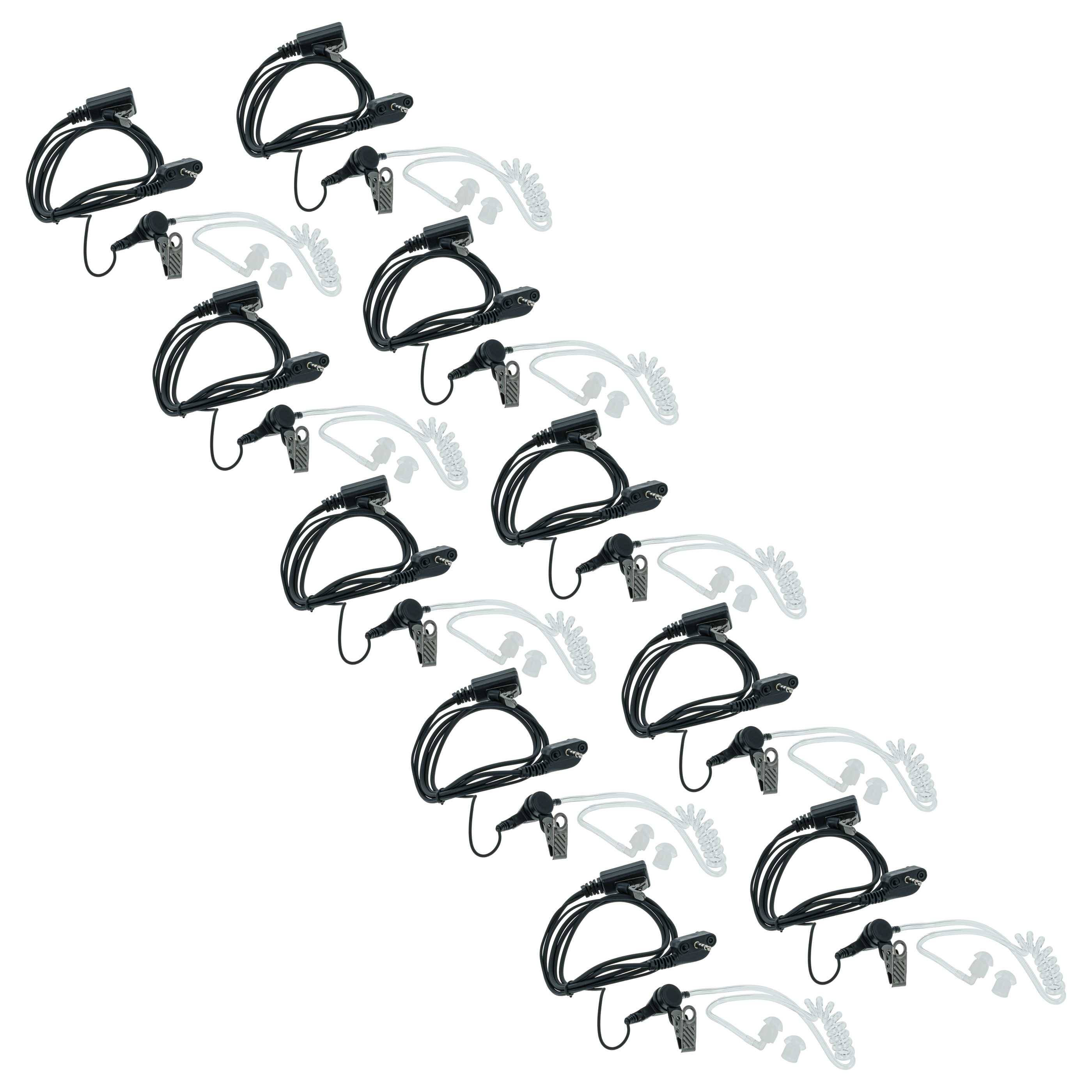 Zehn schwarze taktische Ohrhörer mit gewundenen Kabeln und durchsichtigen akustischen Rohren in einem Gittermuster auf weißem Hintergrund angeordnet.