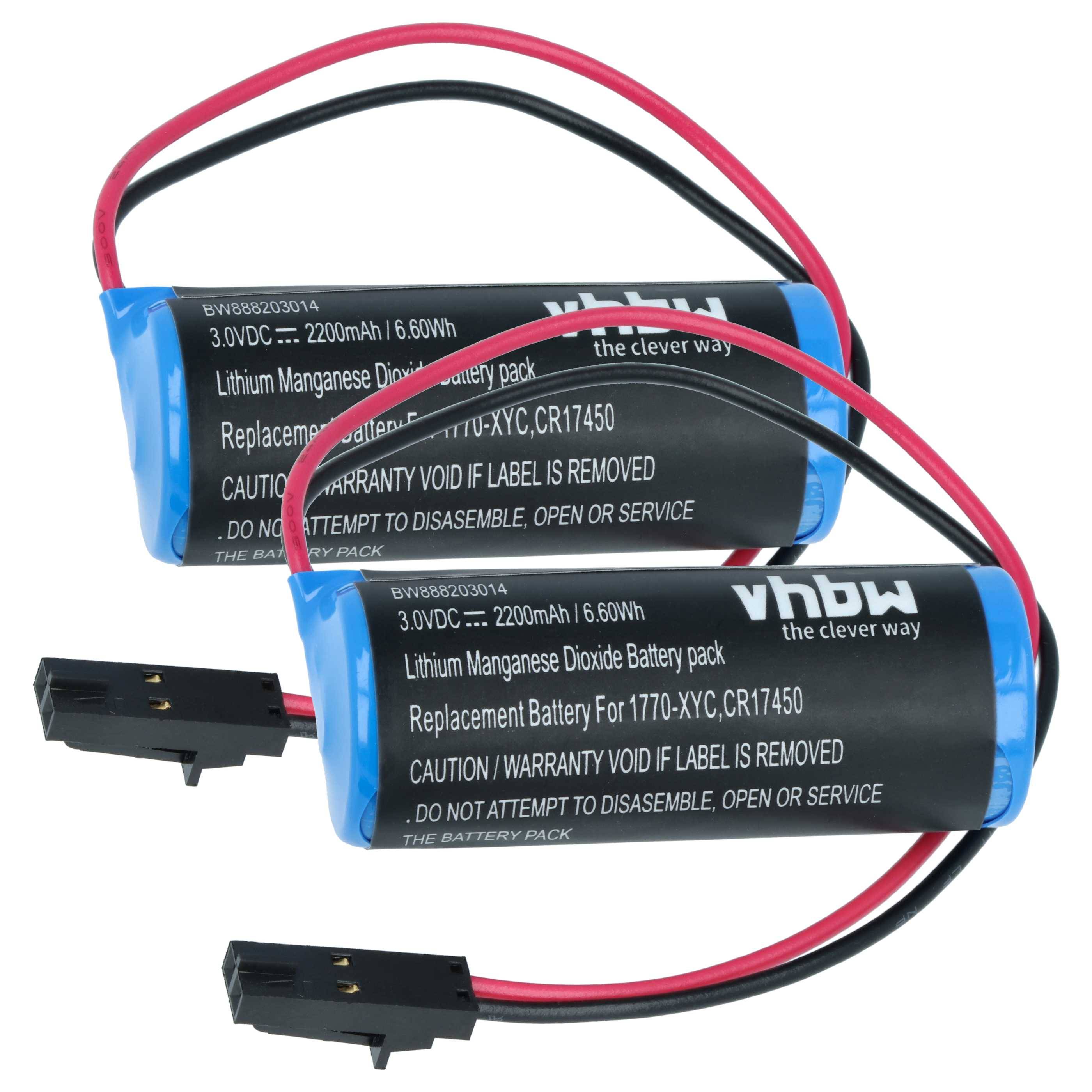 Zwei blaue zylindrische Lithium-Mangandioxid-Batterien mit schwarzen und roten Drähten und Steckverbindern, gekennzeichnet als Ersatzbatterien für bestimmte Modelle.