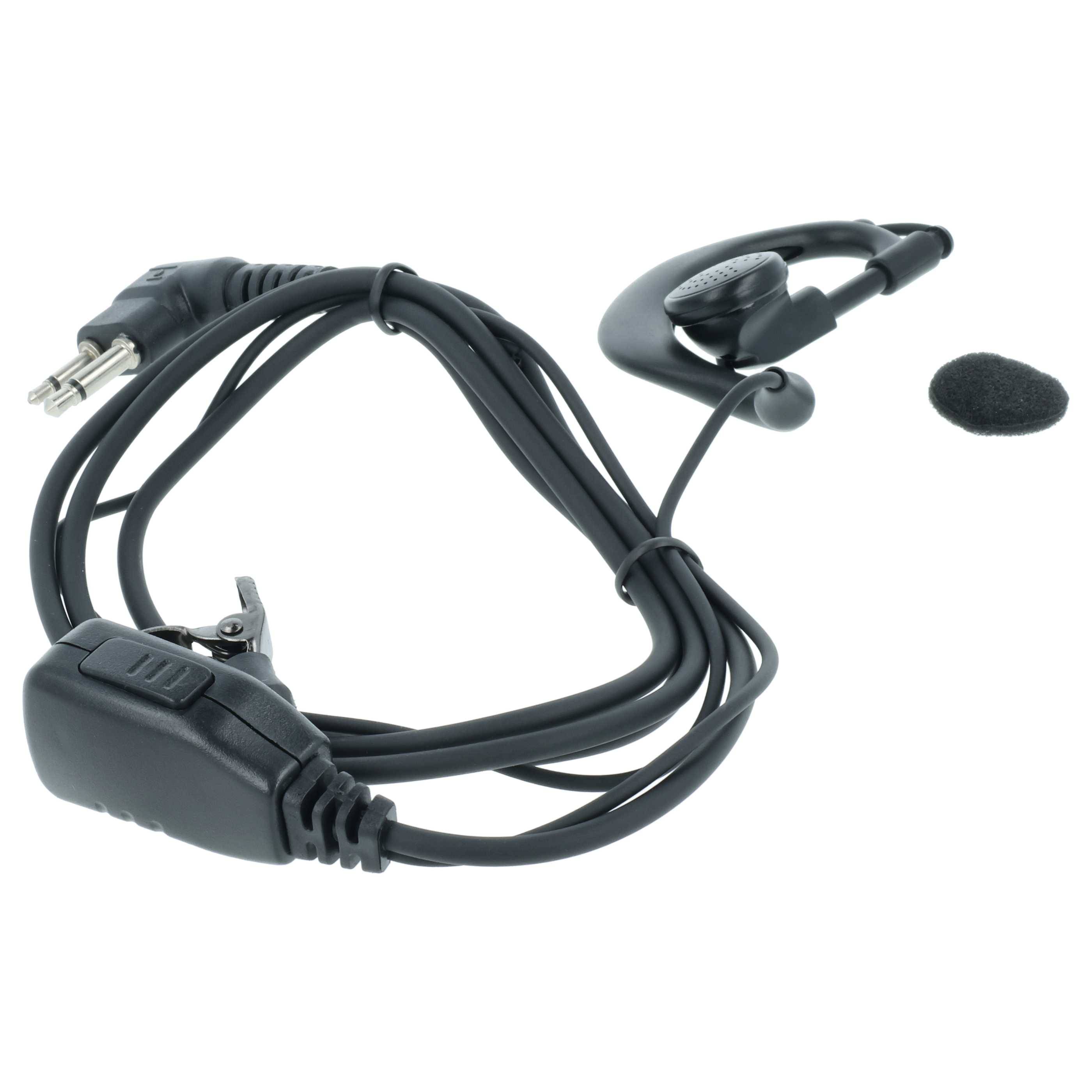 Ein schwarzes Ohrstöpsel mit Spiralkabel und Schaumstoffüberzug, das für Kommunikationsgeräte konzipiert ist, wird vor weißem Hintergrund gezeigt.