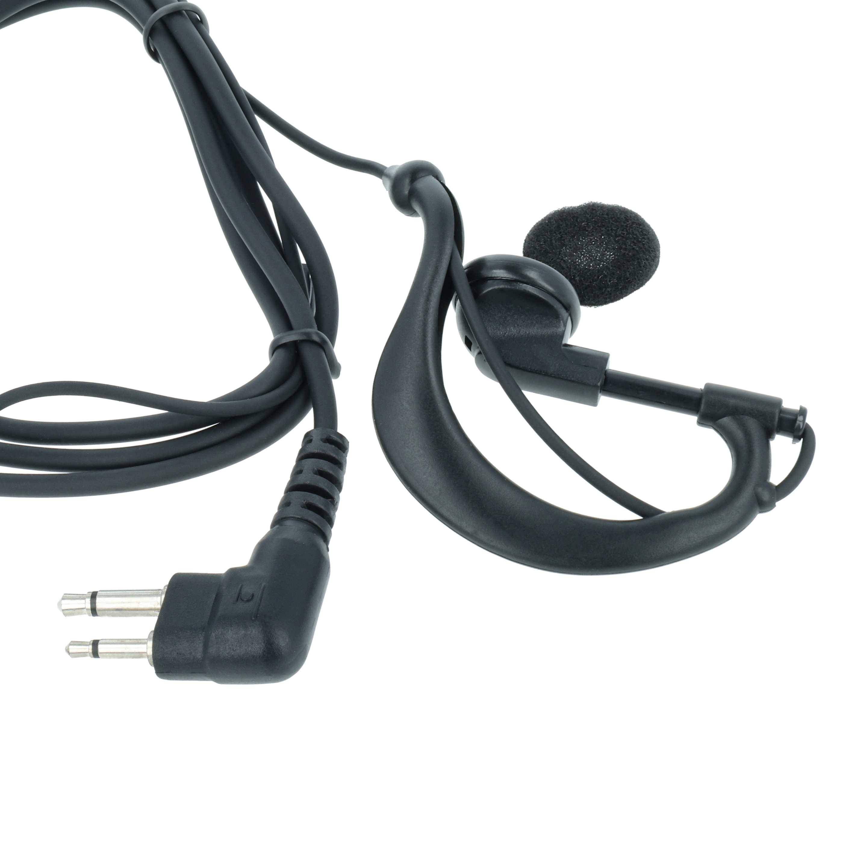 Ein Single-Ear-Headset mit angebautem Mikrofon und Doppelstecker, entwickelt für Kommunikationsgeräte.