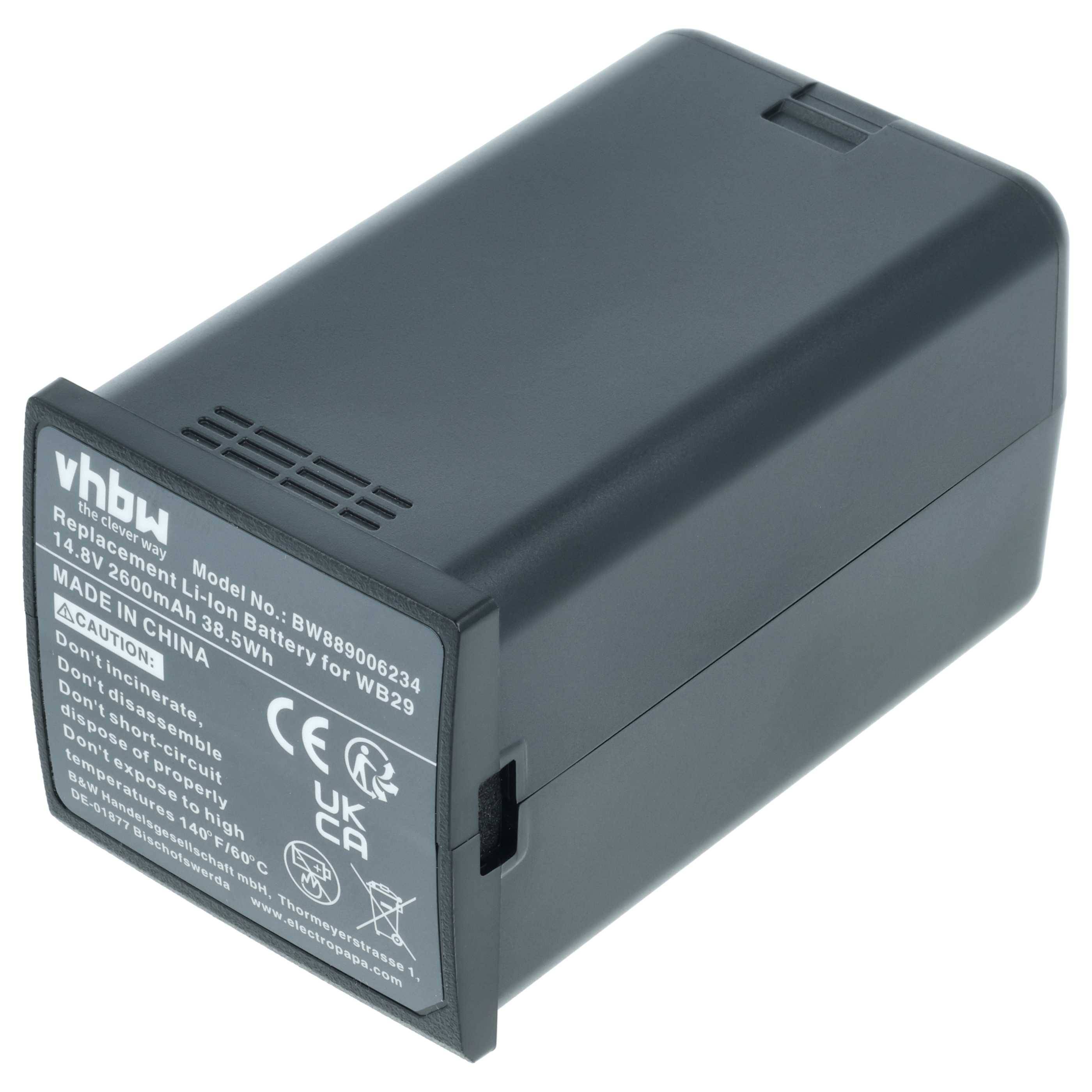 Schwarzes wiederaufladbares Lithium-Ionen-Akkupack mit Etikett und Modellinformationen auf der Vorderseite.