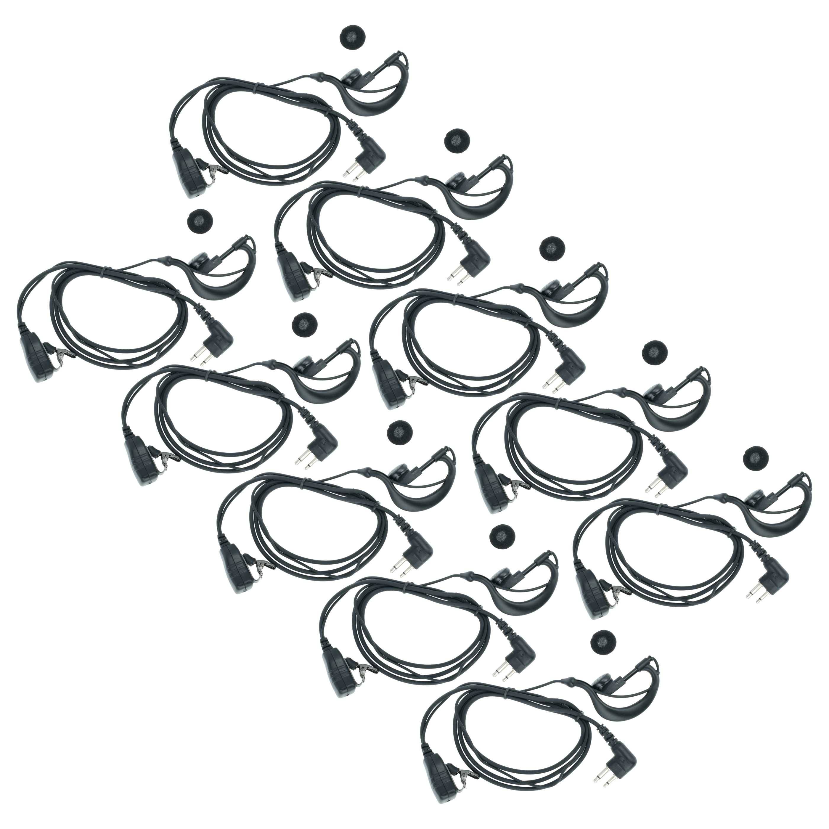 Neun schwarze kabelgebundene Headsets mit angebrachten Mikrofonen, gleichmäßig auf weißem Hintergrund angeordnet, jedes mit einem separaten Ohrstöpsel ausgestattet.