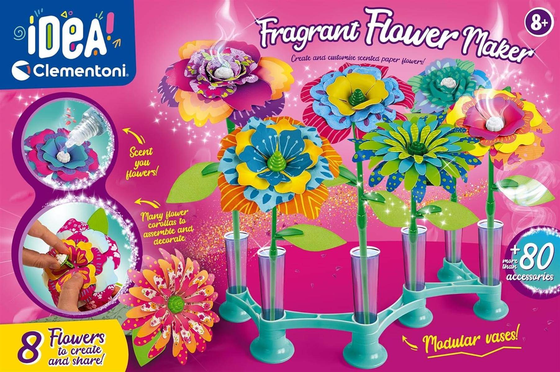 Farbenfrohe Blumenbastler-Set mit lebendigen Papierblumen in Blüte auf transparenten Ständern, das Kreativität und duftende Dekorationsaktivitäten fördert.