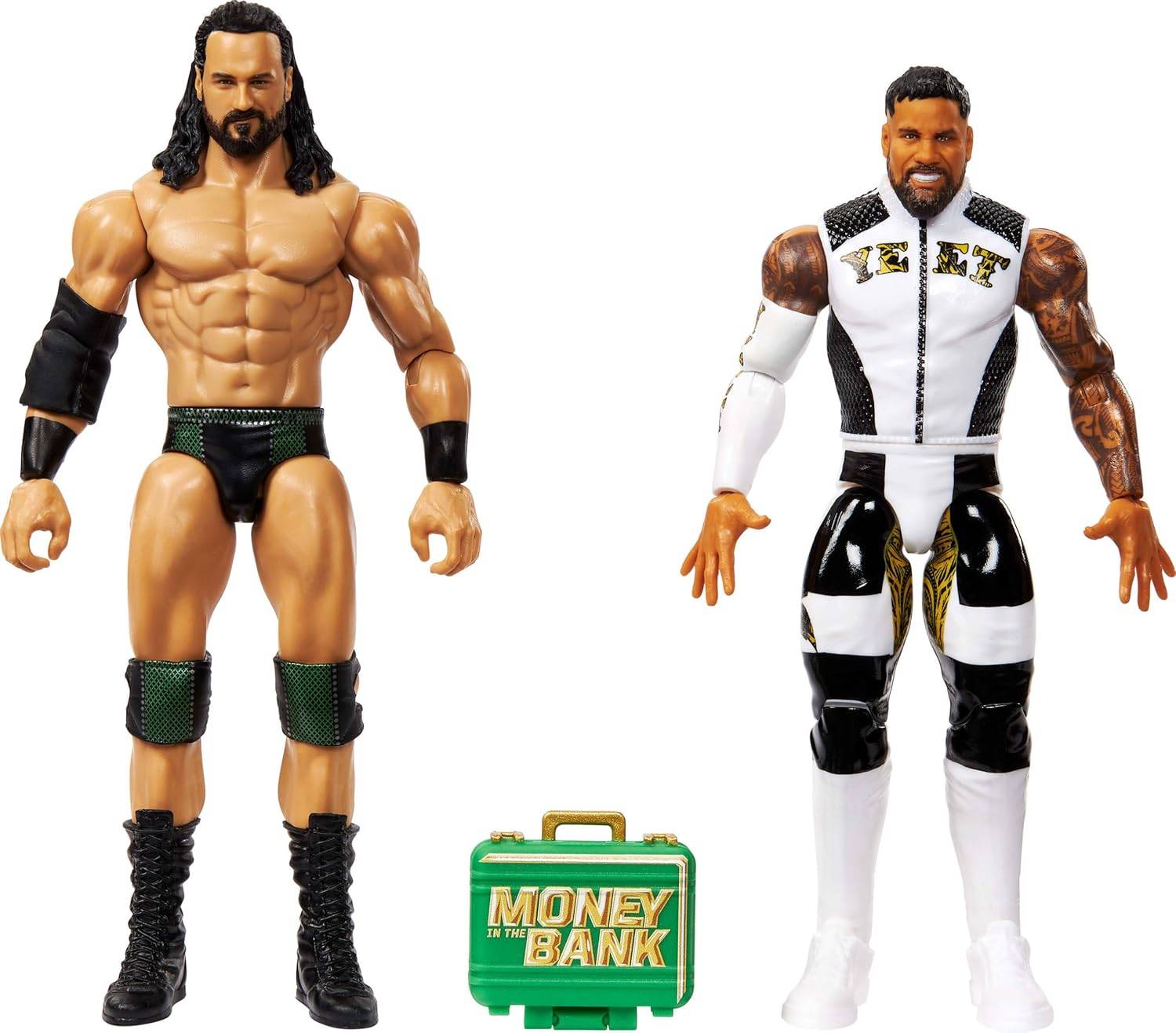 Zwei Wrestling-Actionfiguren: eine mit langen Haaren, Bart, grün-schwarzen Shorts; die andere mit kurzen Haaren, Bart, weißer Kleidung, Text 