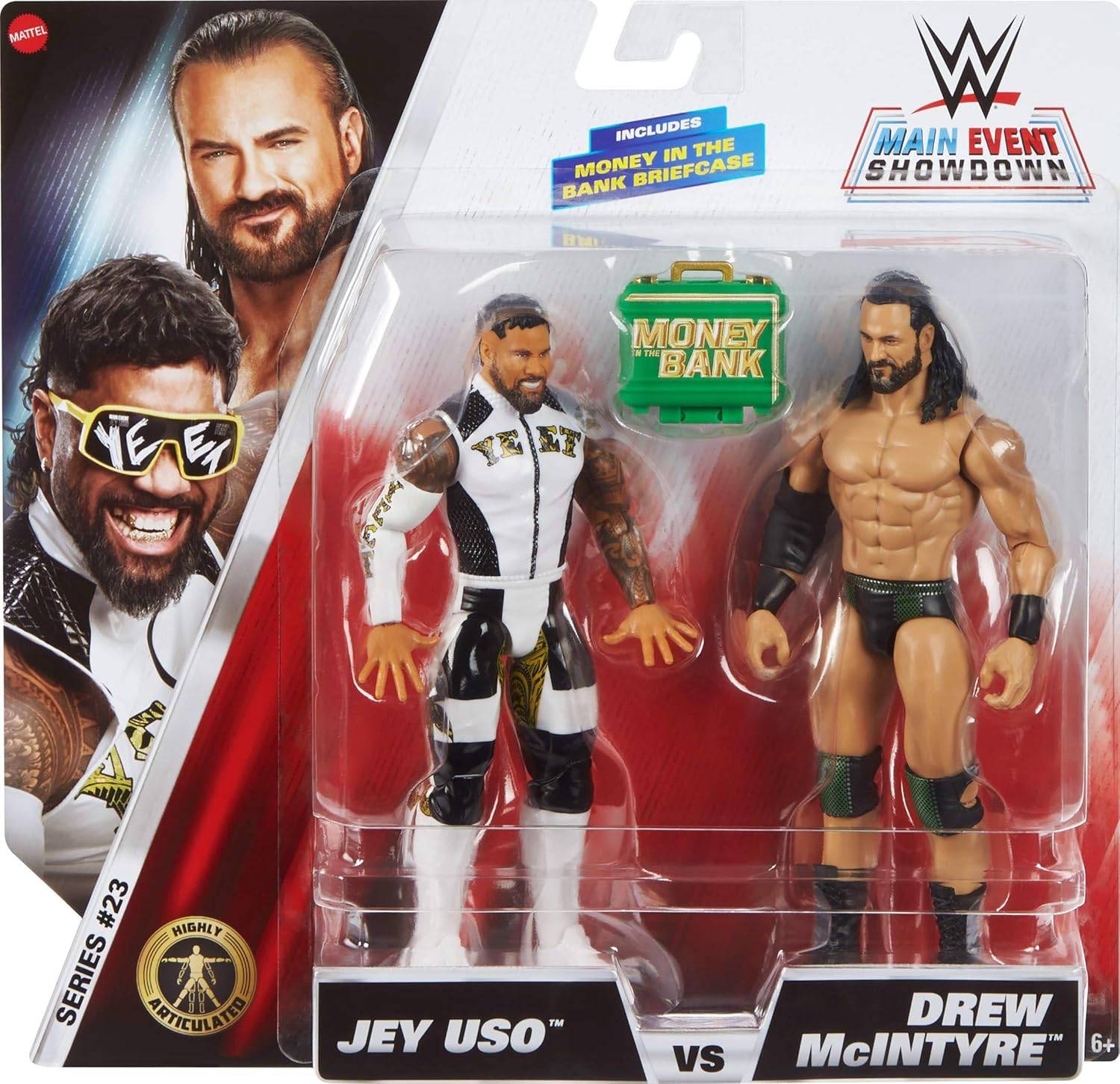 Actionfiguren von Jey Uso und Drew McIntyre aus WWE 'Main Event Showdown', mit einem 'Money in the Bank' Aktenkoffer-Zubehör.