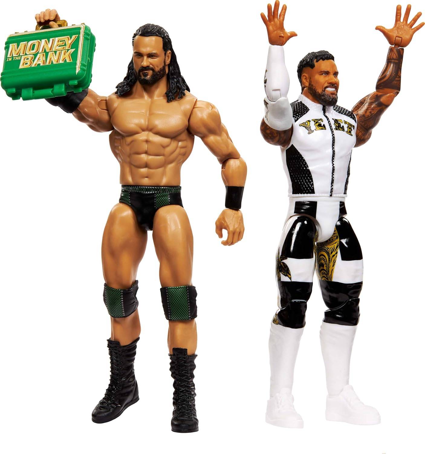 Zwei Actionfiguren: eine muskulöse, oberkörperfrei, hält einen grünen 