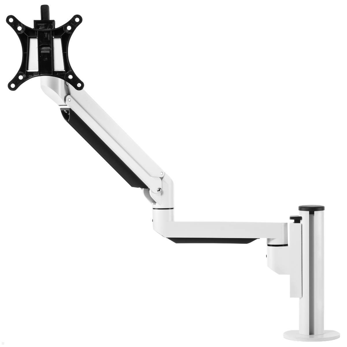 Ein weißer verstellbarer Monitorarm mit schwarzer Montageklammer, der sich horizontal von einer vertikalen Basis erstreckt, entwickelt für ergonomische Schreibtischaufbauten.