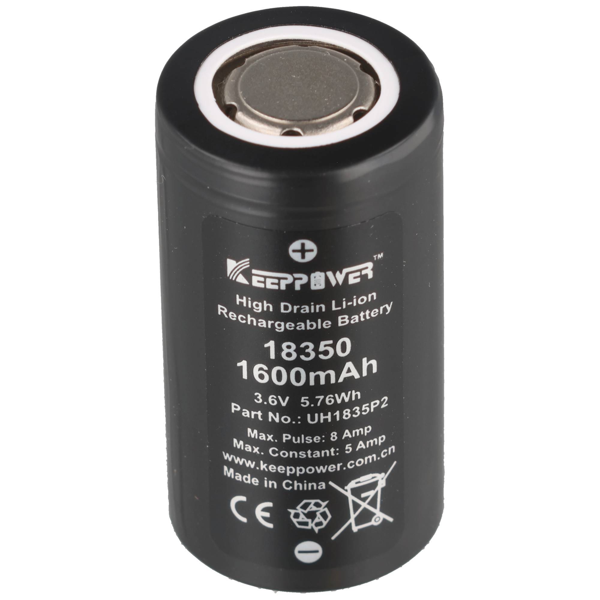 Schwarze zylindrische wiederaufladbare Lithium-Ionen-Batterie mit der Aufschrift „18350 1600mAh
