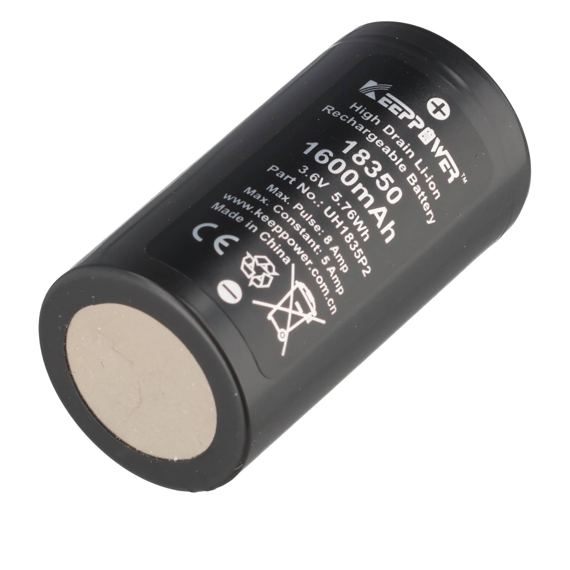 Schwarze zylindrische wiederaufladbare Lithium-Ionen-Batterie mit der Aufschrift "KeepPower"" 18350 1600mAh, auf weißem Hintergrund dargestellt.