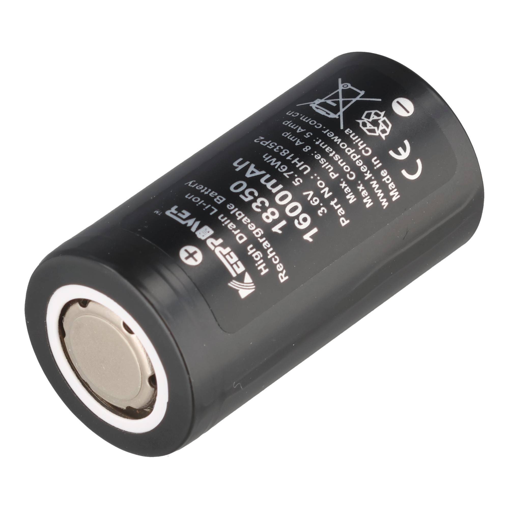 Schwarze zylindrische wiederaufladbare 18650-Lithium-Ionen-Batterie mit gedruckten Spezifikationen und sichtbarem positiven Anschluss.