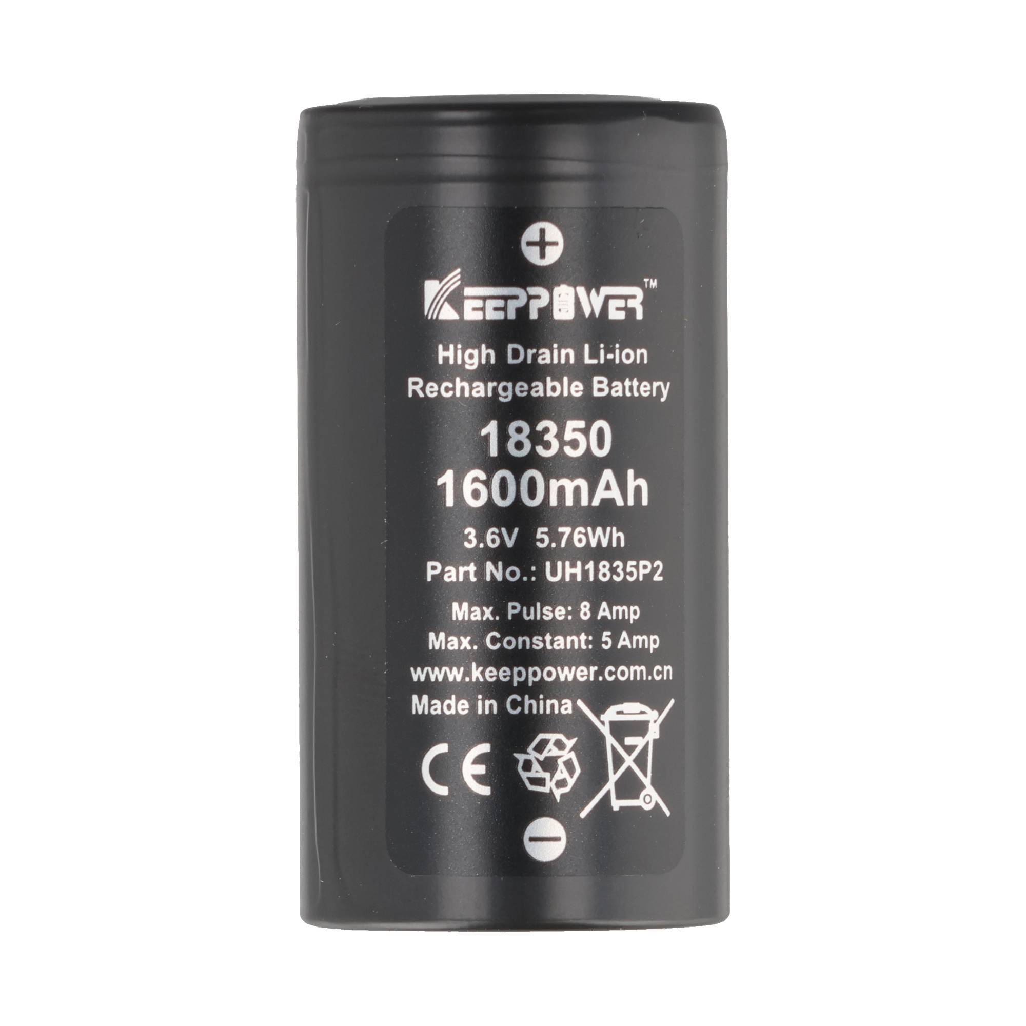 Schwarze Keeppower 18350 wiederaufladbare Li-Ionen-Batterie, gekennzeichnet mit 1600mAh, 3,6V, 5,76Wh, mit markierten Plus- und Minuspolen.