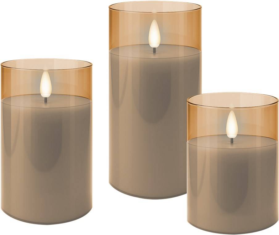 Goobay 3er-Set LED-Echtwachs-Kerzen im Glas, gold-transparent - mit Timerfunktion und 3D-Flammenkegel, batteriebetrieben