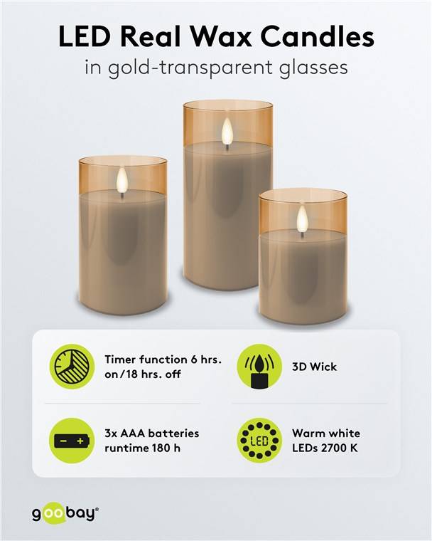 Goobay 3er-Set LED-Echtwachs-Kerzen im Glas, gold-transparent - mit Timerfunktion und 3D-Flammenkegel, batteriebetrieben
