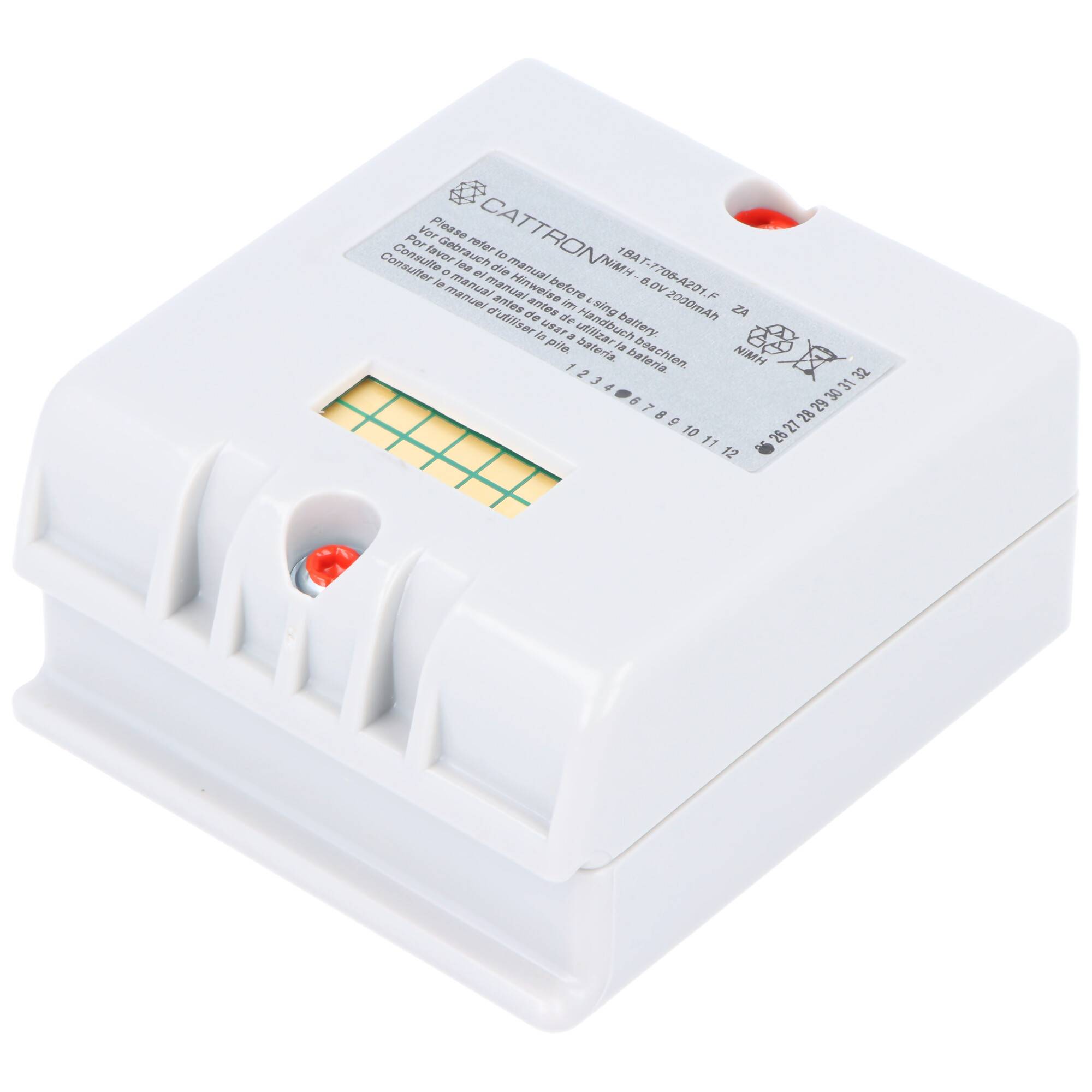 Ein weißes elektronisches Gerät mit einem kleinen Gitter-Display und roten Indikatoren. Ein Etikett auf der Oberseite zeigt den Markennamen und Spezifikationen.