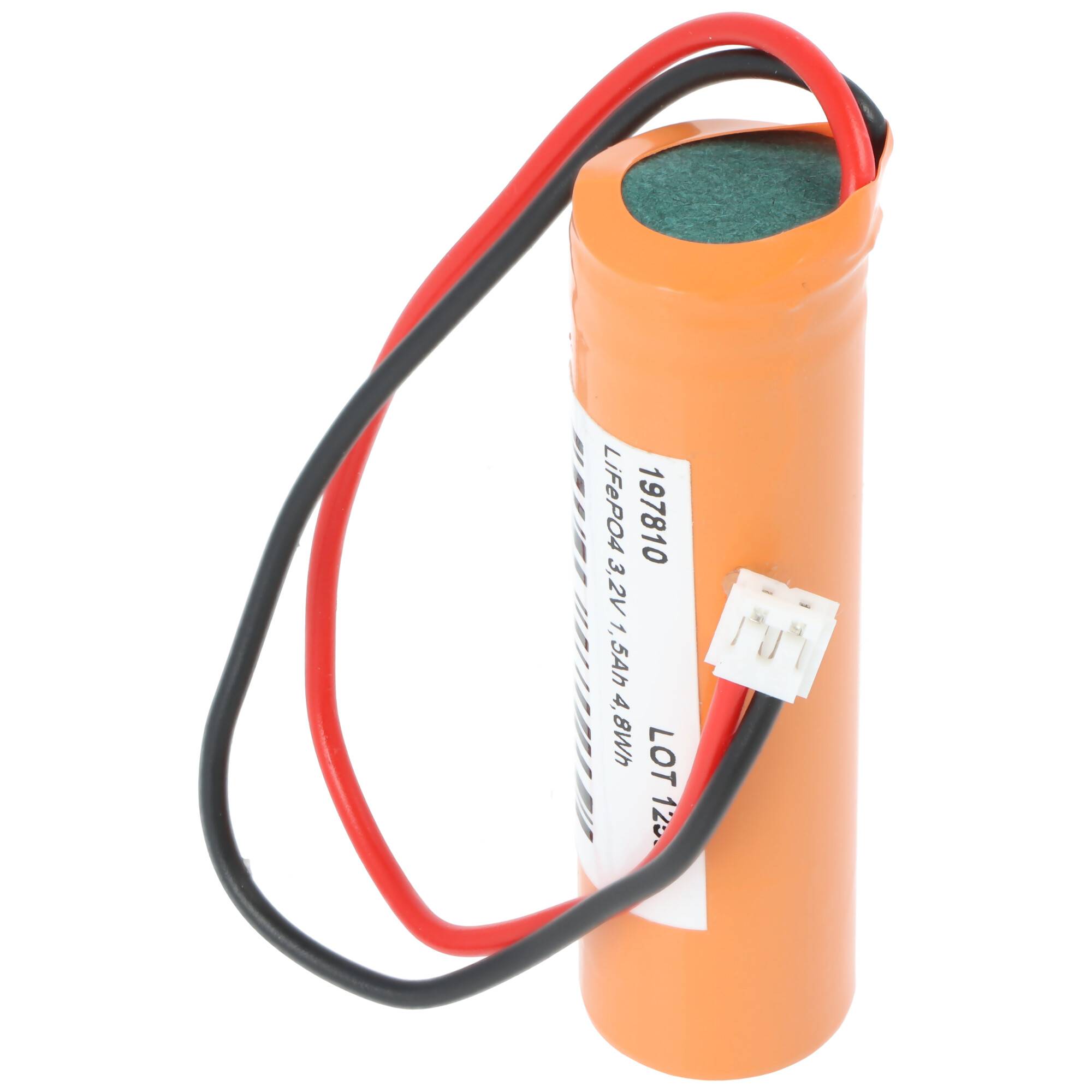 Ein orange zylindrisches Batteriepaket mit roten und schwarzen Drähten und einem weißen Stecker, beschriftet mit „LiFePO4 3,2V 3,8Ah 4,8Wh