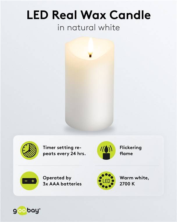 Goobay LED-Echtwachskerze, weiß, 7,5 x 12,5 cm - mit Timerfunktion und 3D-Flammenkegel, batteriebetrieben, warmweiß (270