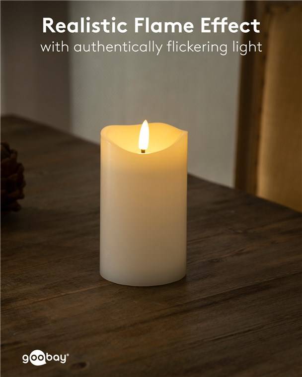 Goobay LED-Echtwachskerze, weiß, 7,5 x 12,5 cm - mit Timerfunktion und 3D-Flammenkegel, batteriebetrieben, warmweiß (270