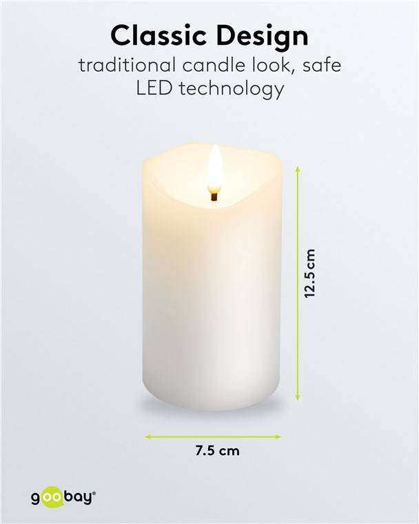 Goobay LED-Echtwachskerze, weiß, 7,5 x 12,5 cm - mit Timerfunktion und 3D-Flammenkegel, batteriebetrieben, warmweiß (270