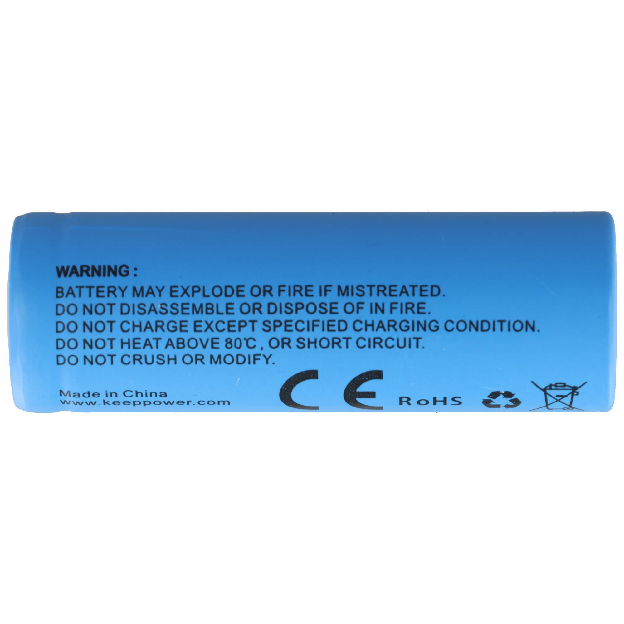 Blaue zylindrische Batterie mit der Aufschrift „WARNUNG" mit Sicherheitsanweisungen und Konformitätssymbolen, einschließlich CE und RoHS.