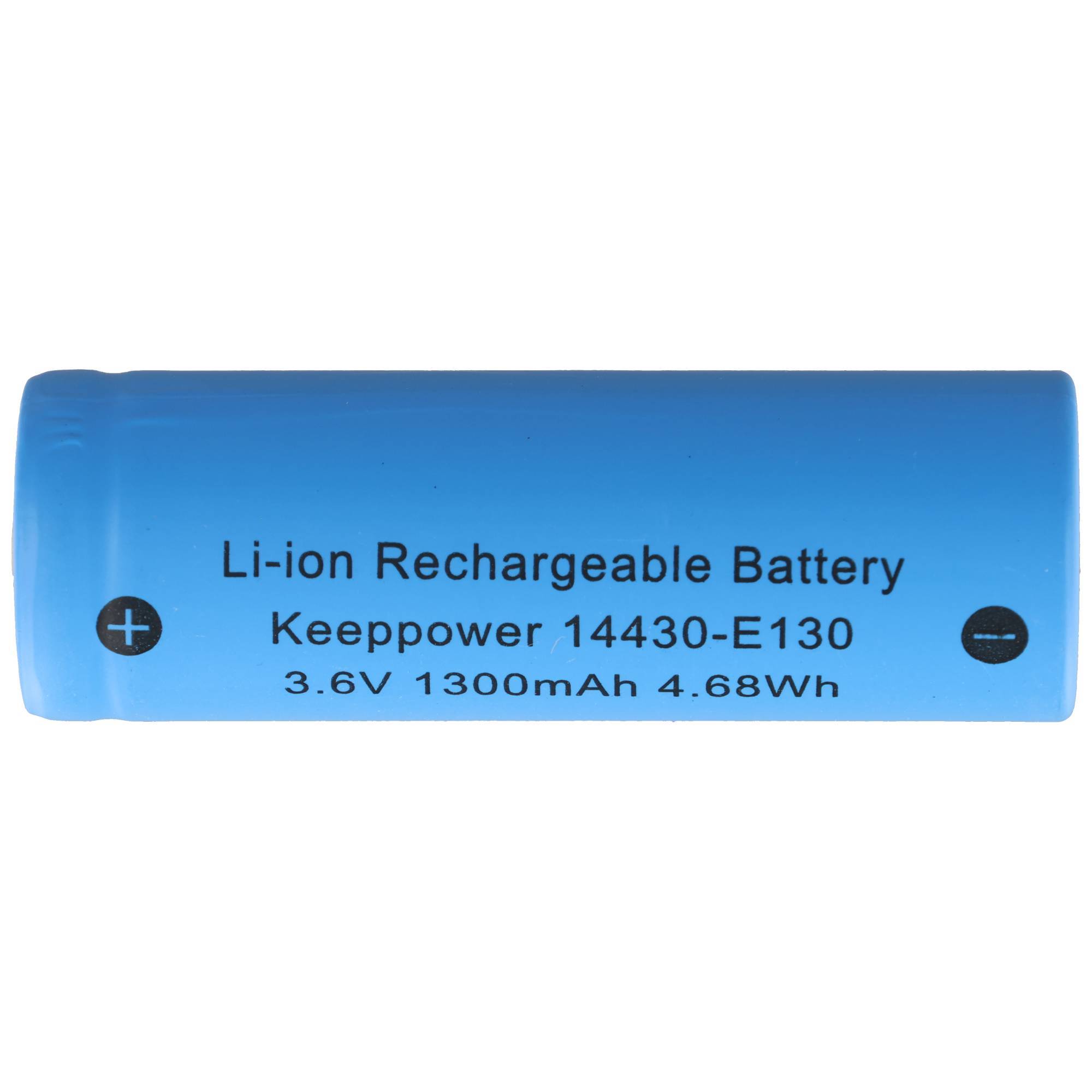 Blaue zylindrische Li-Ionen-Akku mit der Bezeichnung „Keeppower 14430-E130" mit Pluspol und Minuspol, 3,6V 1300mAh 4,68Wh.