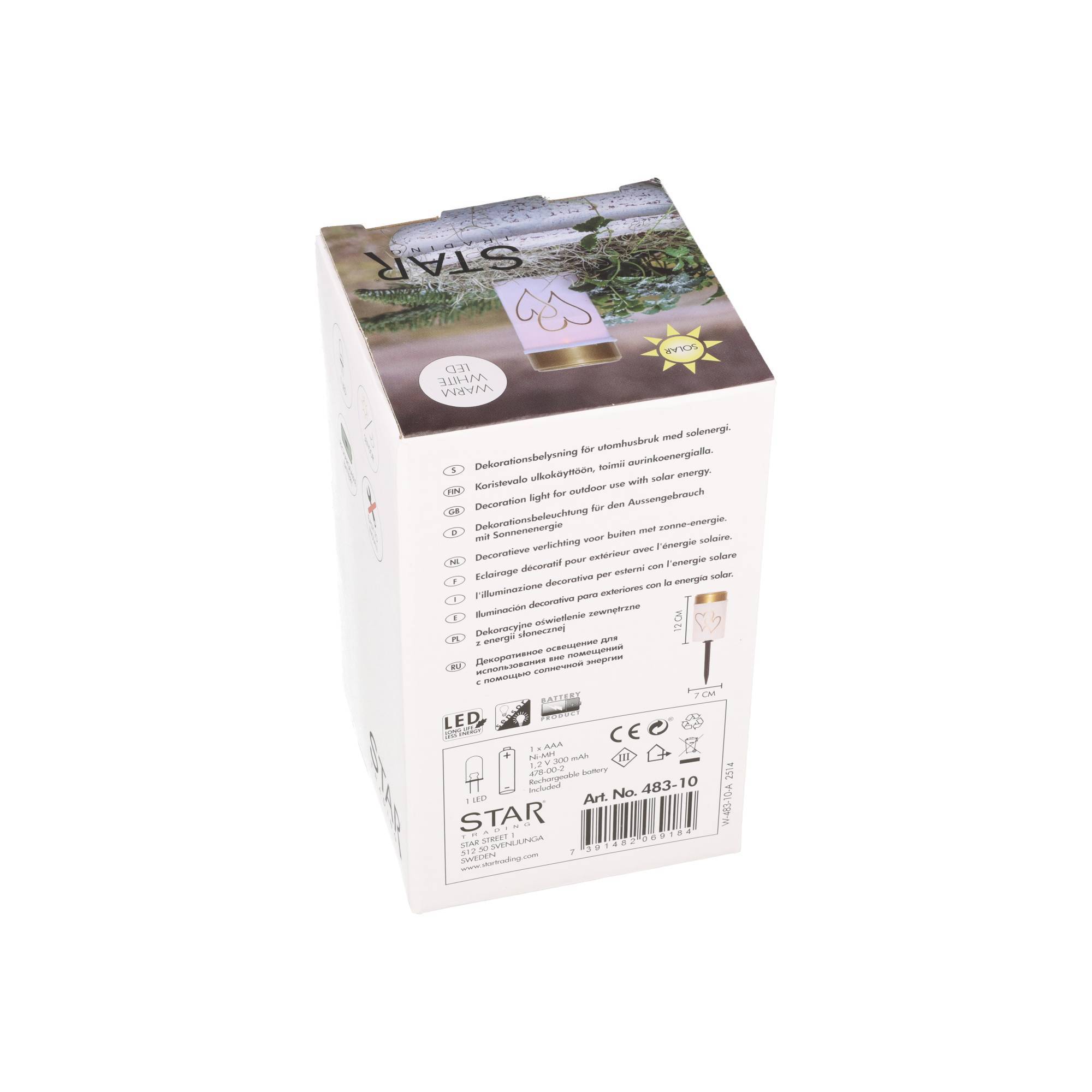 Karton mit STERN-Dekoration für solarbetriebene LED-Leuchten, gezeigt mit Produktmerkmalen und Barcode auf der Verpackung.