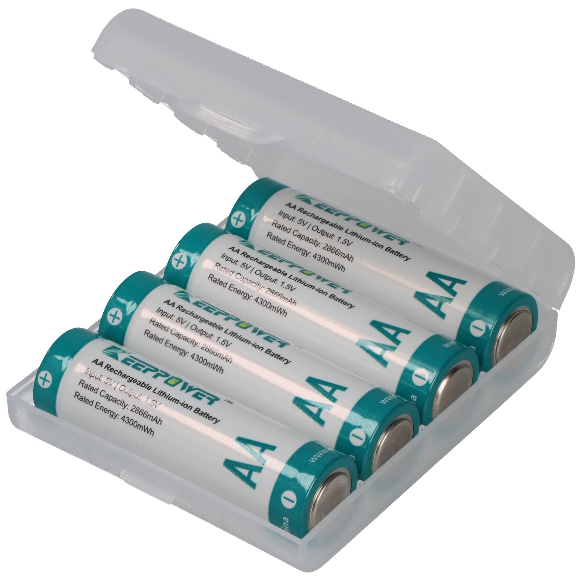 Fünf AA-Akkus in einem Kunststoffetui, beschriftet mit „Wiederaufladbar Lithium-Ionen