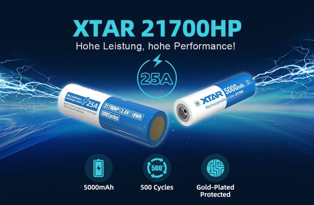 XTAR, 21700-HP Li-Ion Akku, 3,6V-3,7V, 5000mAh, mit PCB/BMS Schutzschaltung, geschützt, leistungsstark & wiederaufladba