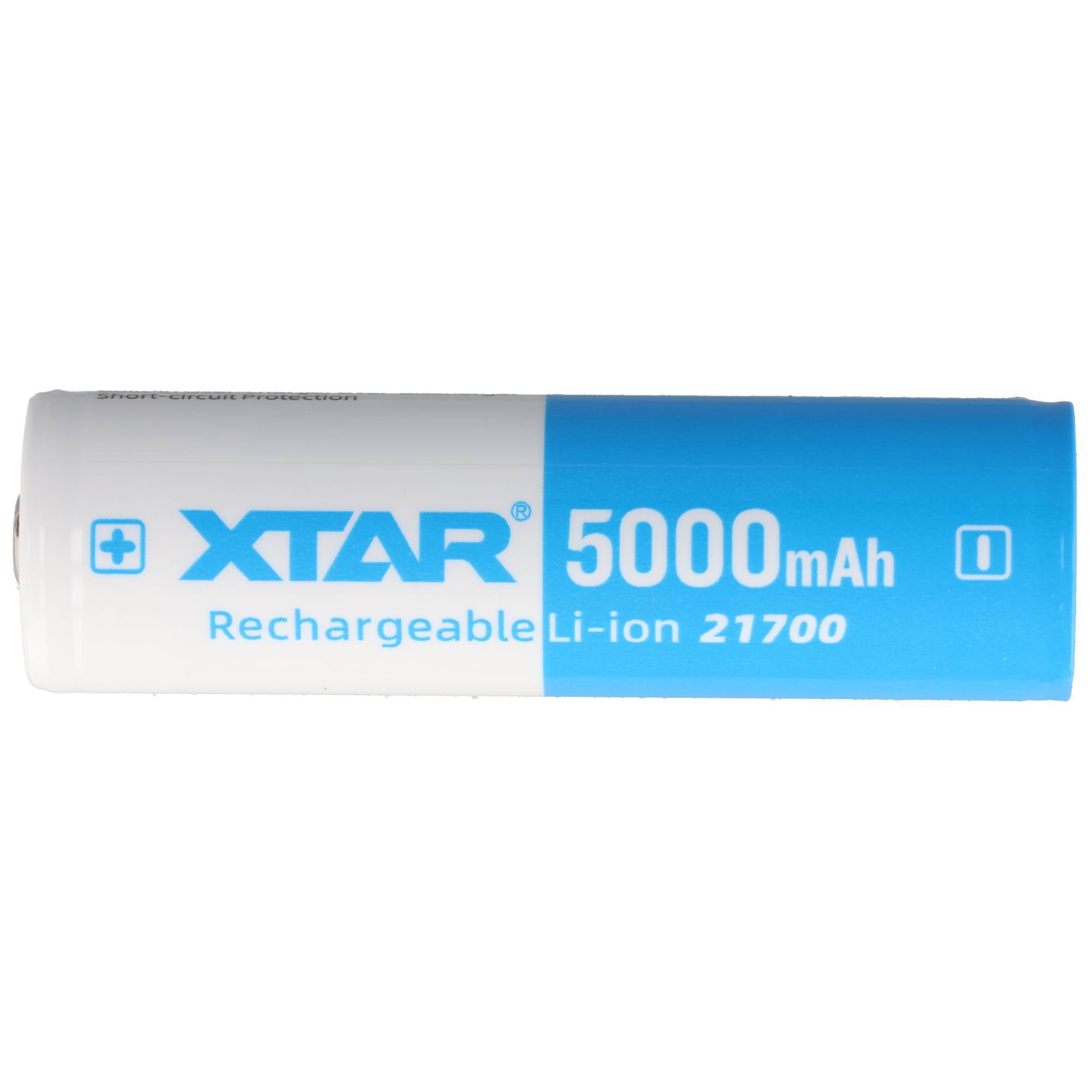 XTAR 5000mAh wiederaufladbare Li-Ion 21700 Batterie auf weißem Hintergrund.