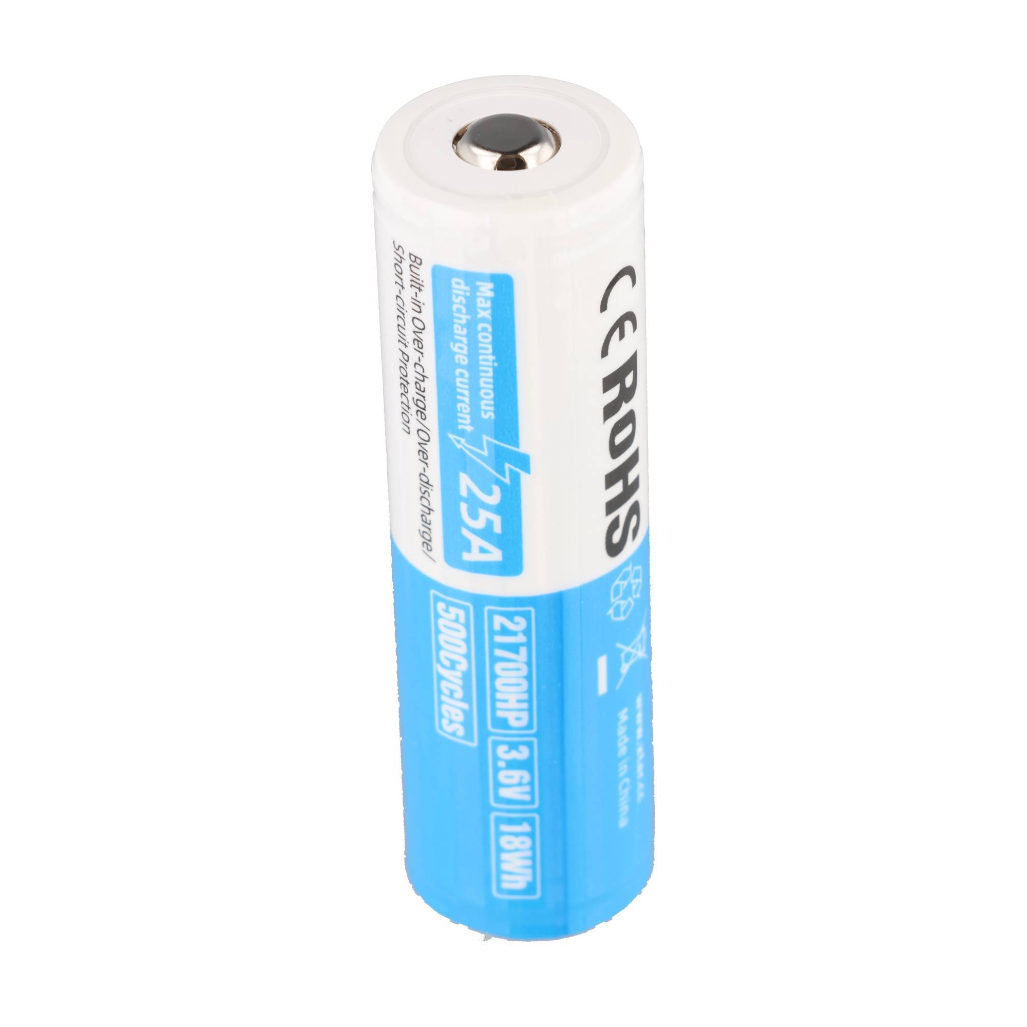 Eine weiße und blaue CERONTS Akku-Batteriezelle mit der Bezeichnung 5000mAh, 3,6V, 18Wh und 25A.