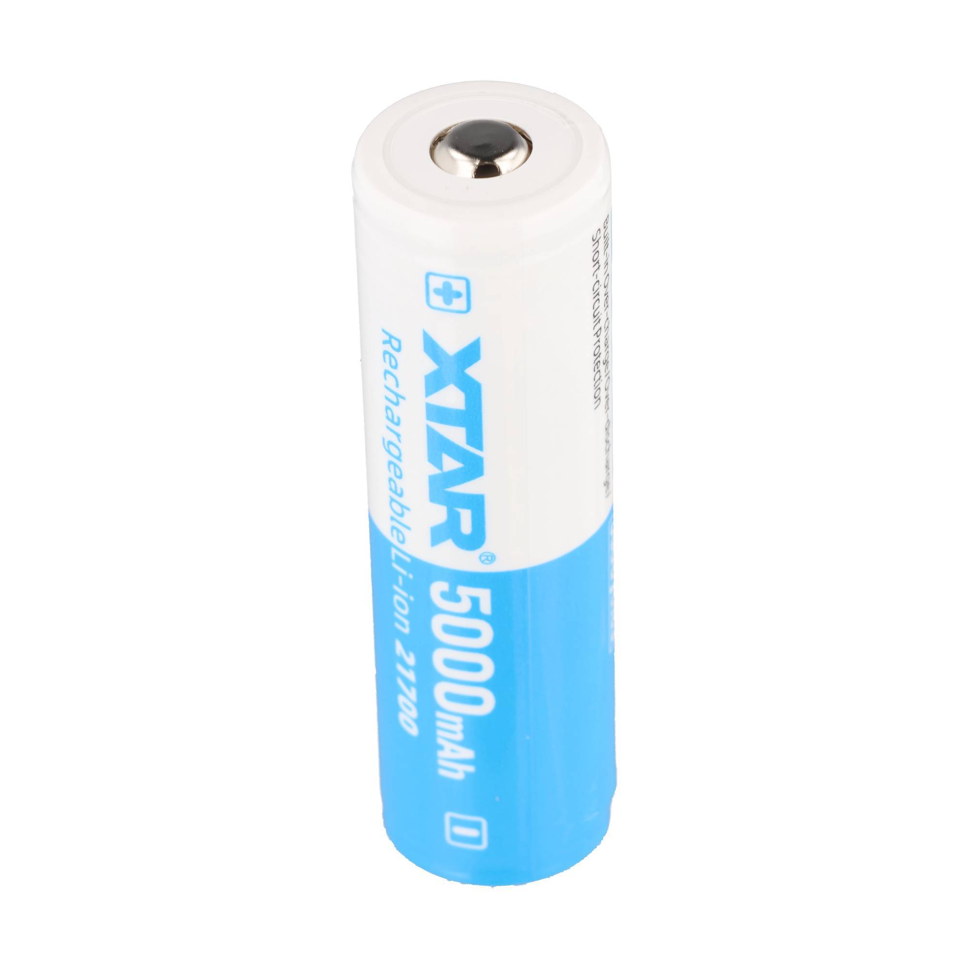 Einzelne wiederaufladbare XTAR-Lithium-Ionen-Batterie 21700 mit der Bezeichnung „5000mAh", aufrecht auf weißem Hintergrund dargestellt.