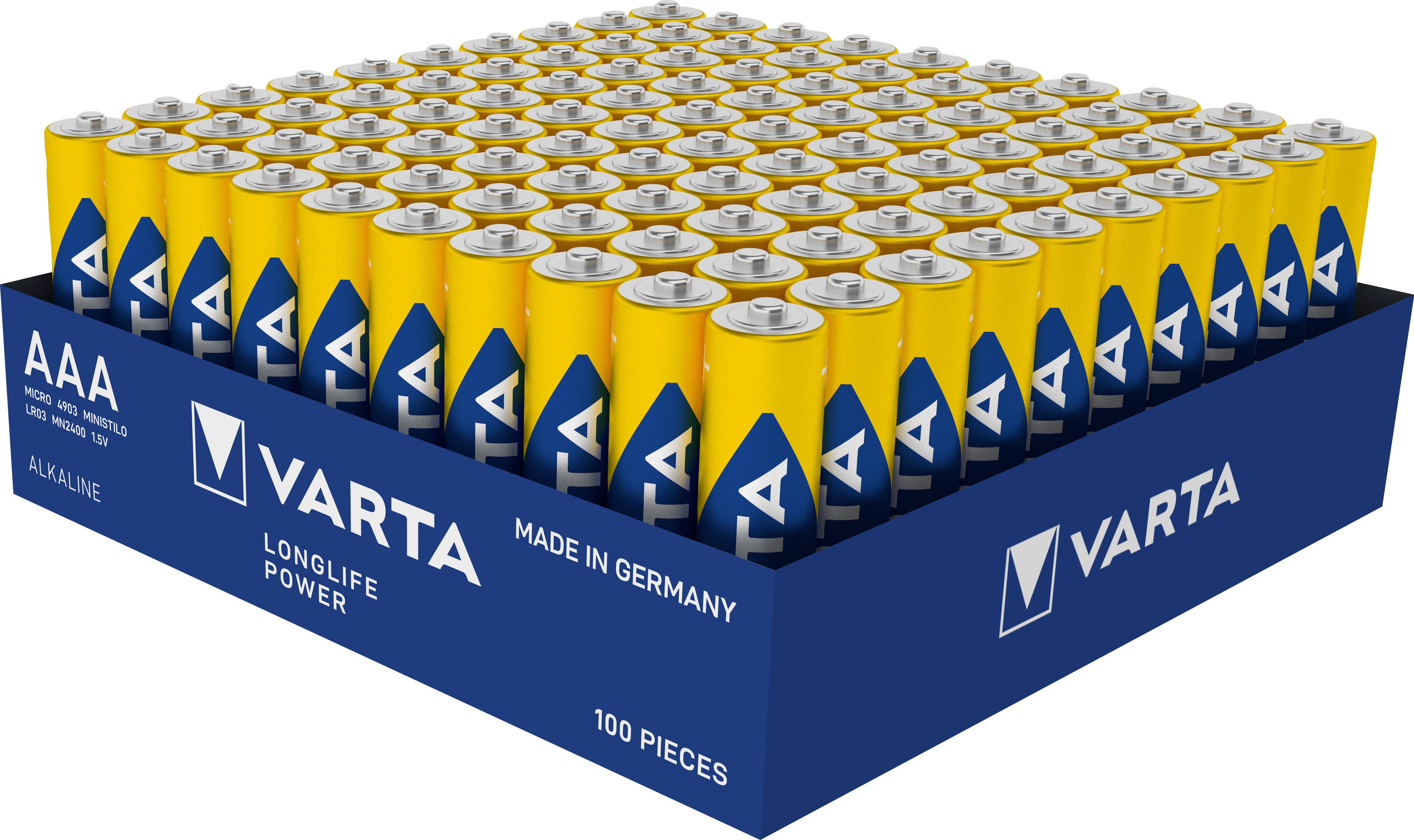 VARTA Batterie Alkaline, Longlife Power, Micro, AAA, LR03, 1.5V, Retail Box (100-er Pack)