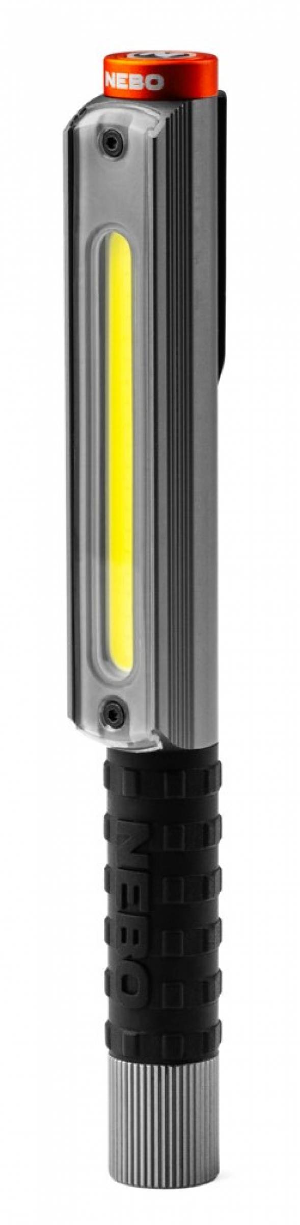 Eine schwarze und silberne NEBO-Taschenlampe mit einem gelben seitlichen Lichtstreifen und einer orangefarbenen Kappe auf weißem Hintergrund.