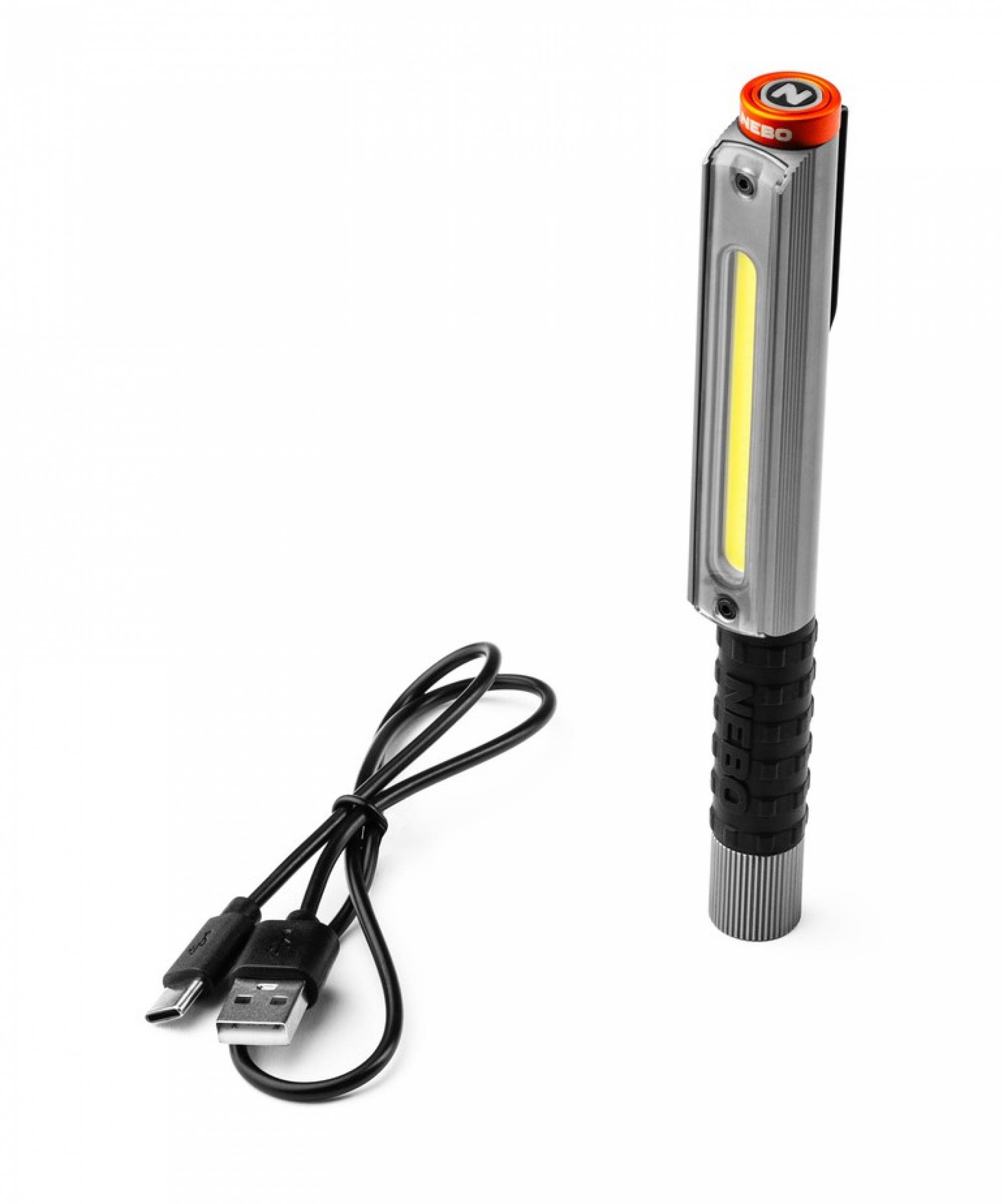 Aufladbare LED-Arbeitsleuchte mit USB-Ladekabel auf weißem Hintergrund