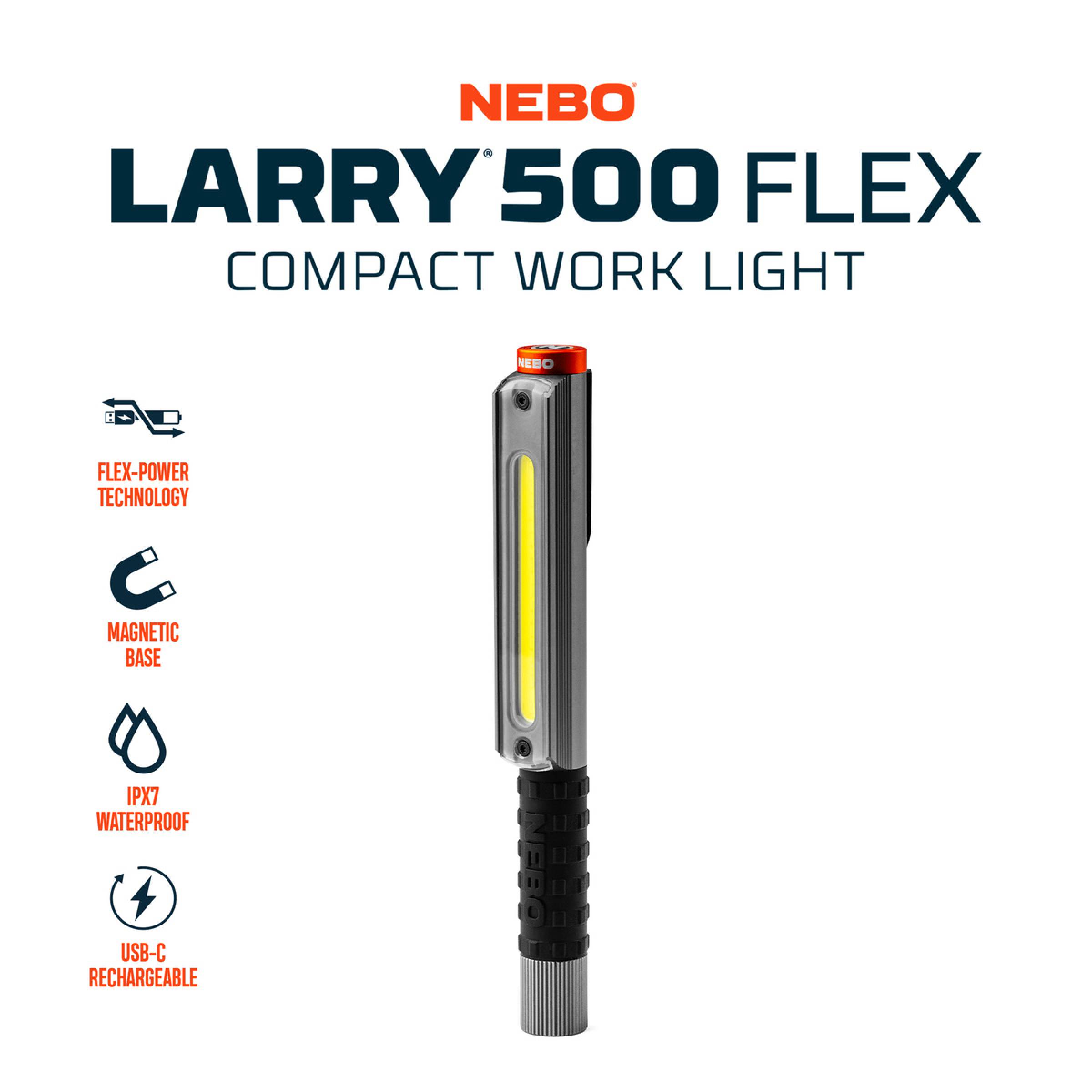 NEBO LARRY 500 FLEX kompakte Arbeitsleuchte mit Flex-Power-Technologie, magnetischer Basis, IPX7-Wasserdichtheit und wiederaufladbarem USB-C-Akku.