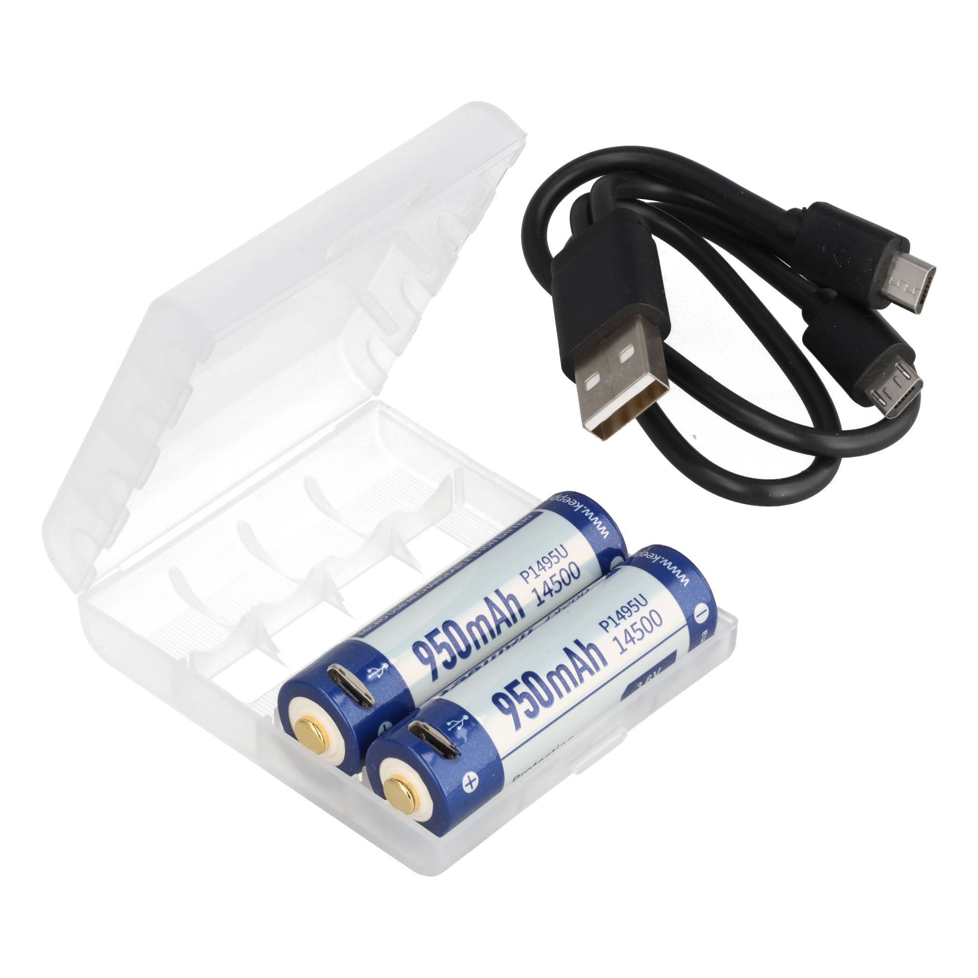 Batterieladegerät-Set mit zwei wiederaufladbaren 950-mAh-Batterien in einem Kunststoffgehäuse und einem USB-Ladekabel.