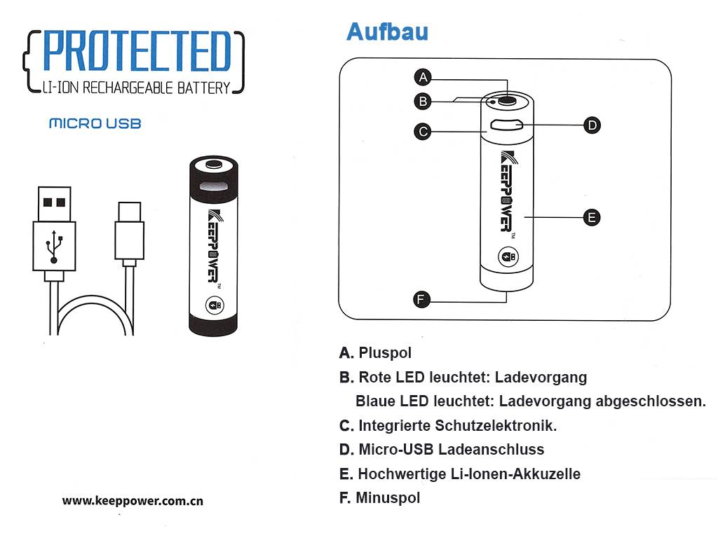 Keeppower 14500 – 950mAh Li-Ionen Akku (3,6V – 3,7V) mit USB-Lademöglichkeit und PCB
