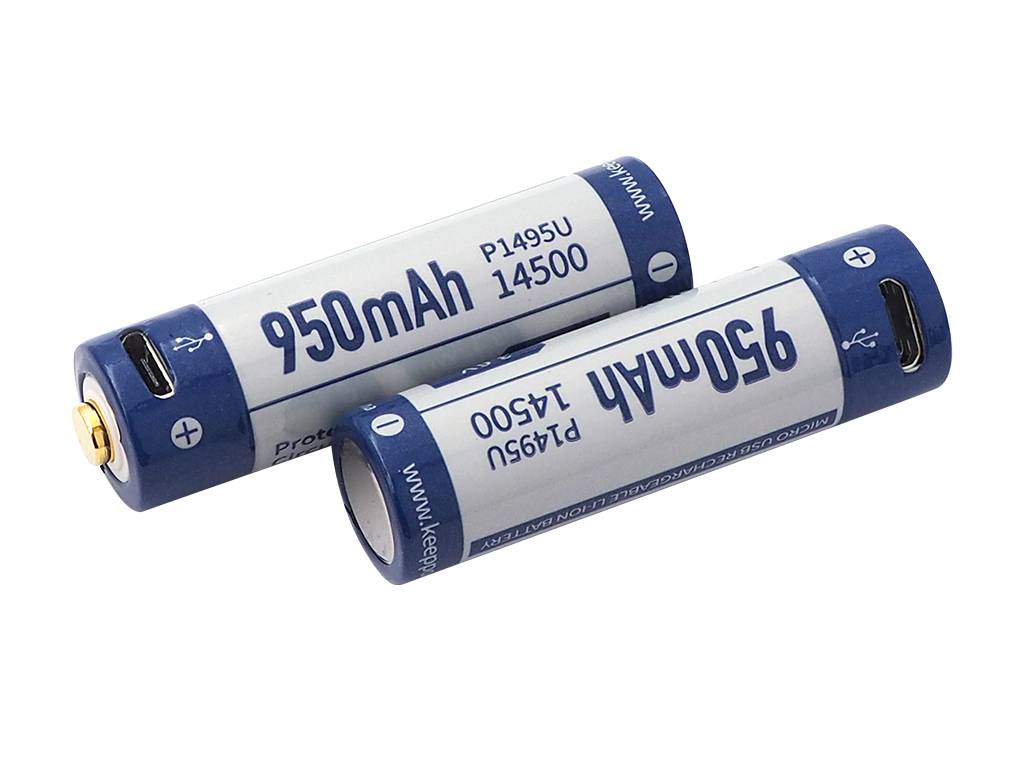 Keeppower 14500 – 950mAh Li-Ionen Akku (3,6V – 3,7V) mit USB-Lademöglichkeit und PCB