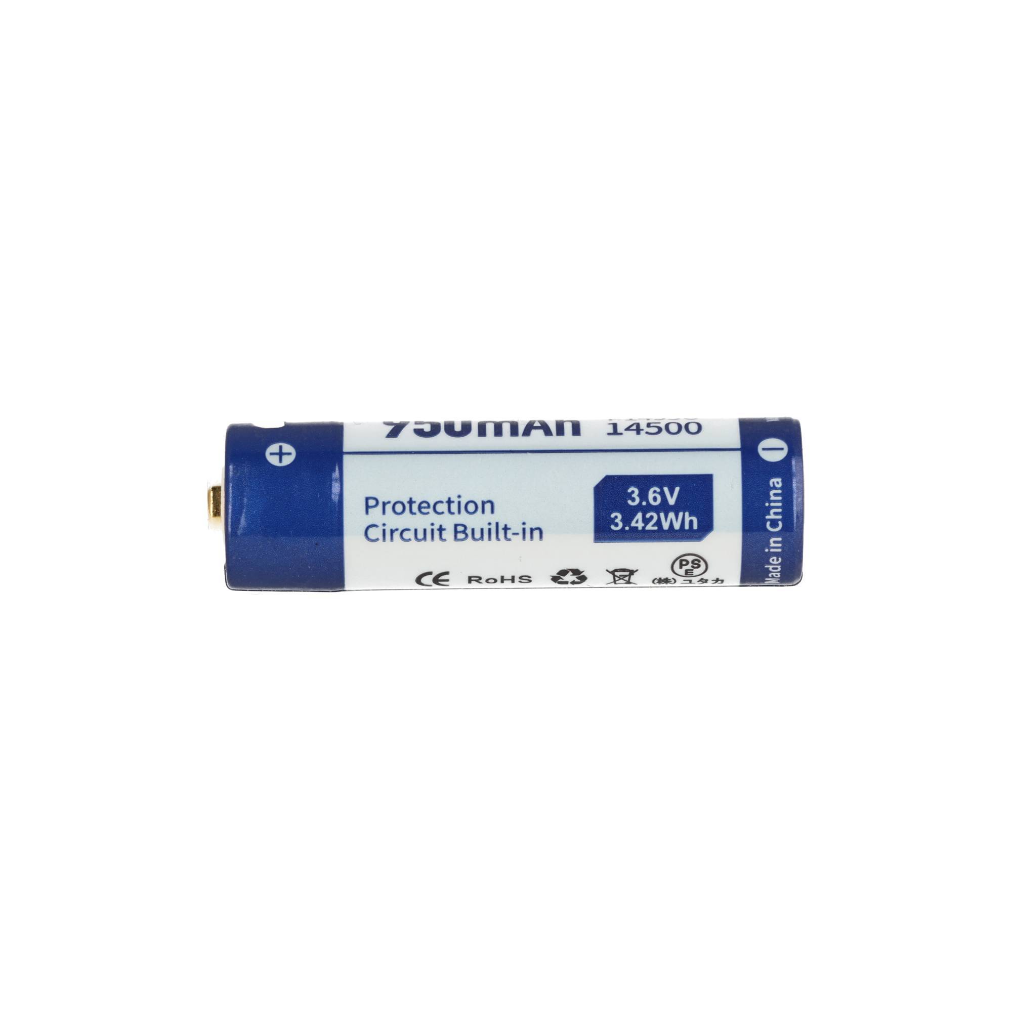 1 Stück Li-Ionen Akku 14500, 950mAh 3,6V–3,7V, 51x14,2mm, mit Micro USB-Lademöglichkeit und PCB