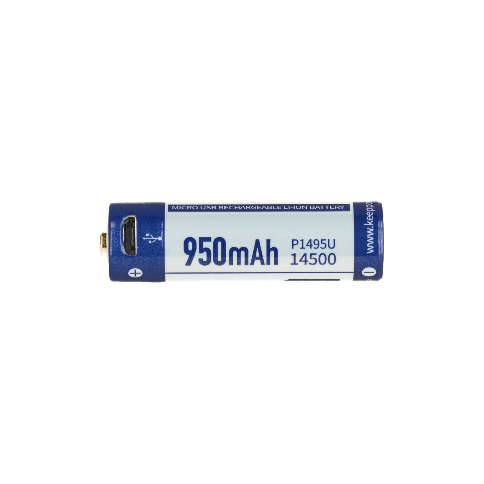 1 Stück Li-Ionen Akku 14500, 950mAh 3,6V–3,7V, 51x14,2mm, mit Micro USB-Lademöglichkeit und PCB