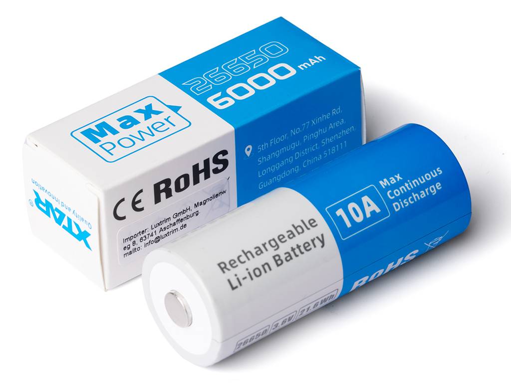 XTAR, 26650 Li-Ion Akku 3,6V–3,7V 6000mAh, leistungsstark, sicher & wiederaufladbar mit PCB udn Max Power 10A