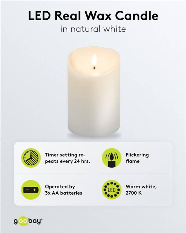 Goobay LED-Echtwachskerze, weiß, 10 x 15 cm - mit Timerfunktion und 3D-Flammenkegel, batteriebetrieben, warmweiß (2700 K