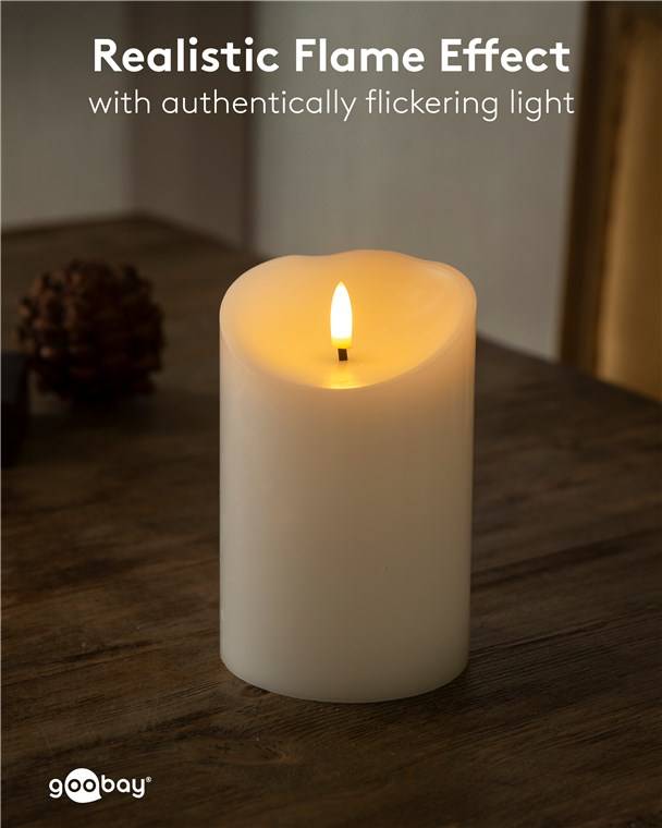 Goobay LED-Echtwachskerze, weiß, 10 x 15 cm - mit Timerfunktion und 3D-Flammenkegel, batteriebetrieben, warmweiß (2700 K