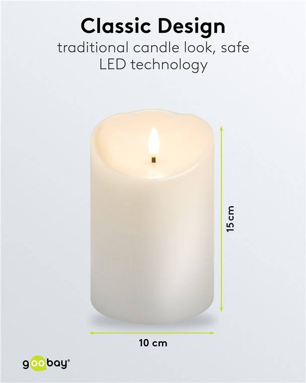 Goobay LED-Echtwachskerze, weiß, 10 x 15 cm - mit Timerfunktion und 3D-Flammenkegel, batteriebetrieben, warmweiß (2700 K